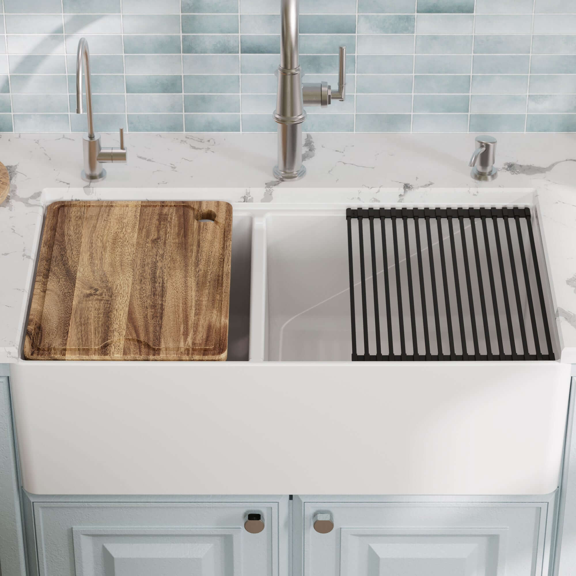 Alternative View of Karran Fireclay 33" Fireclay Workstation Farmhouse Sink with Accessories, 60/40 Double Bowl, White, FCWSF33DBWH-PK1