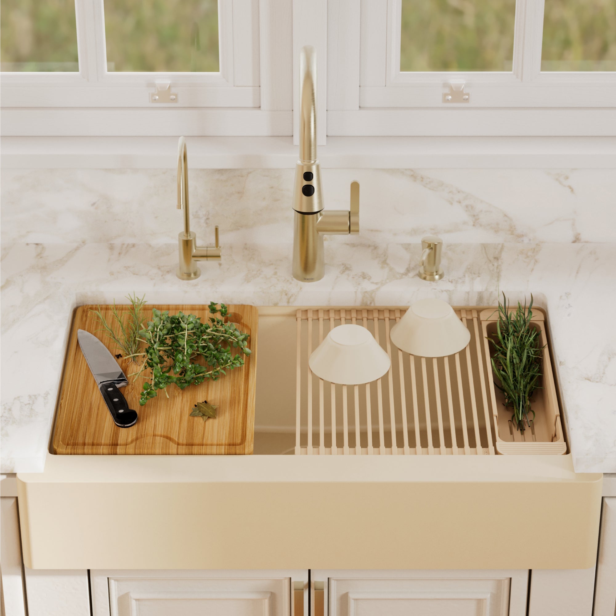 Karran 34 quartz composite retrofit workstation farmhouse sink bisque lifestyle image