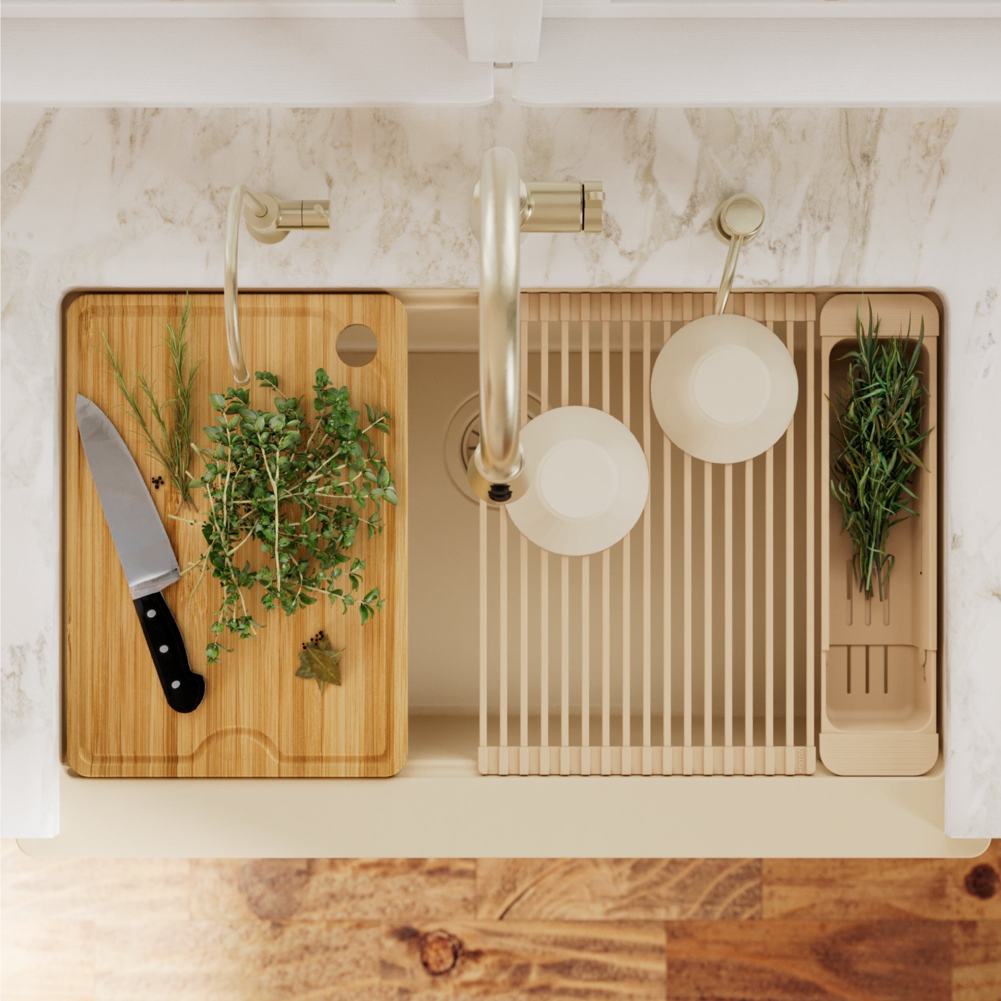Karran 34 quartz composite retrofit workstation farmhouse sink bisque lifestyle image