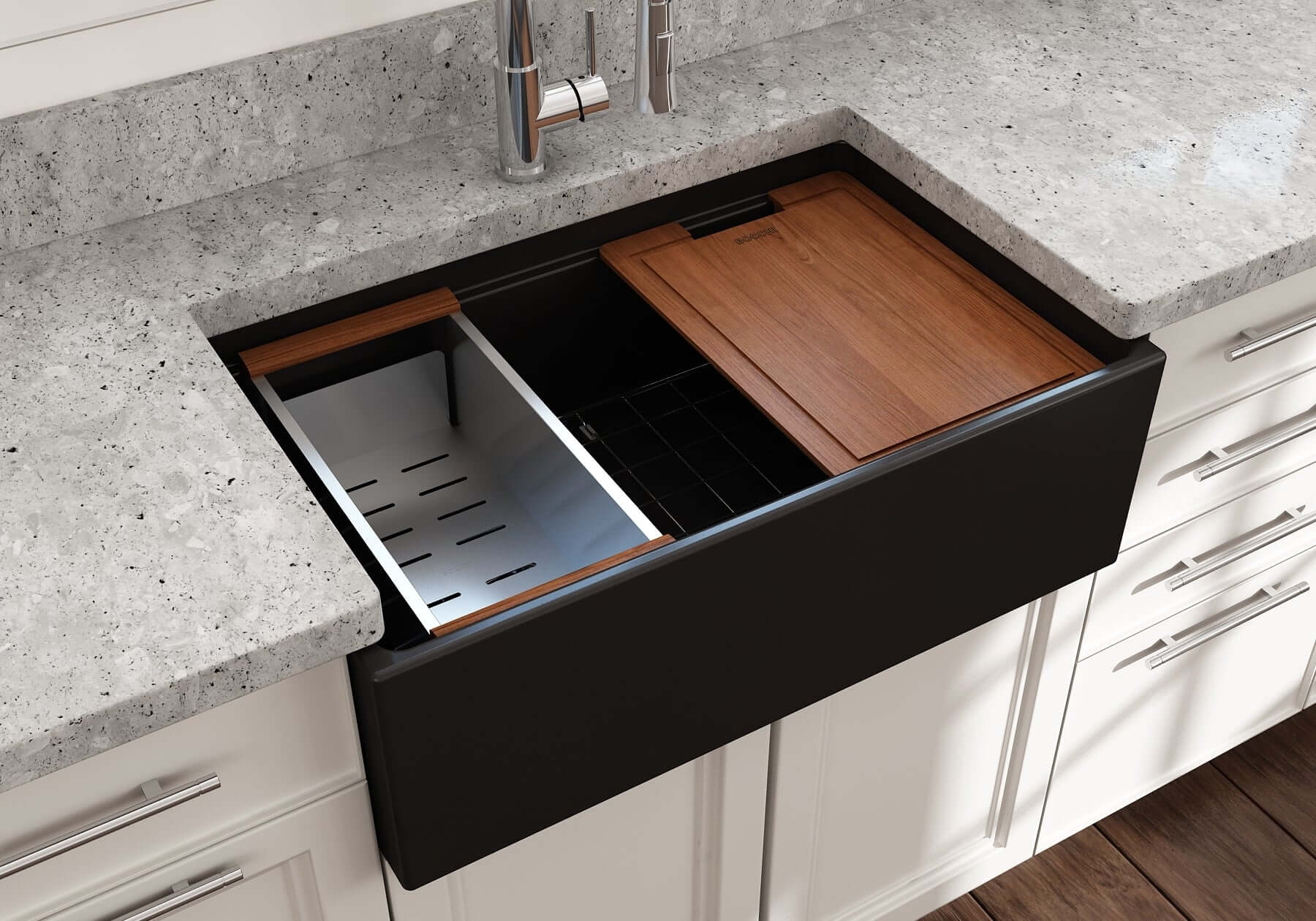 Alternate Image for BOCCHI Contempo 30" Fireclay Workstation Farmhouse Sink Kit with Faucet and Accessories, Matte Black (sink) / Matte Black (faucet), 1344-004-2020MB