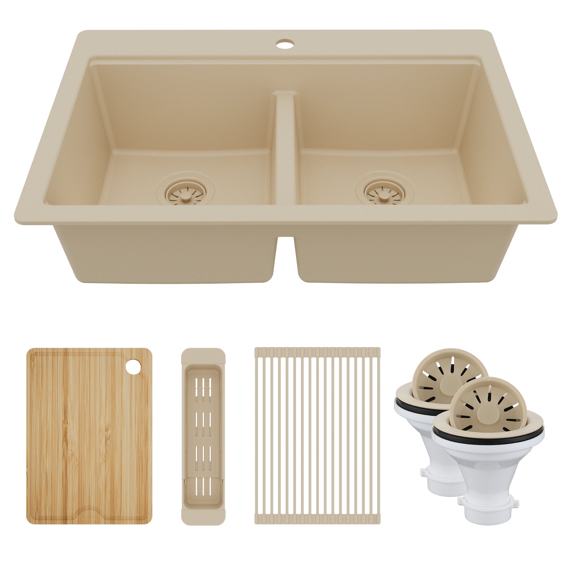 Karran 33" Drop In Quartz Composite Workstation Kitchen Sink, 50/50 Double Bowl, Bisque, QTWS-880-BI-PK2
