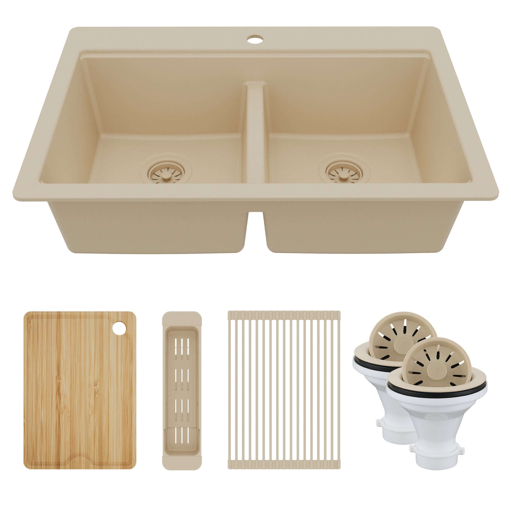 Karran 33" Drop In Quartz Composite Workstation Kitchen Sink, 50/50 Double Bowl, Bisque, QTWS-880-BI-PK2