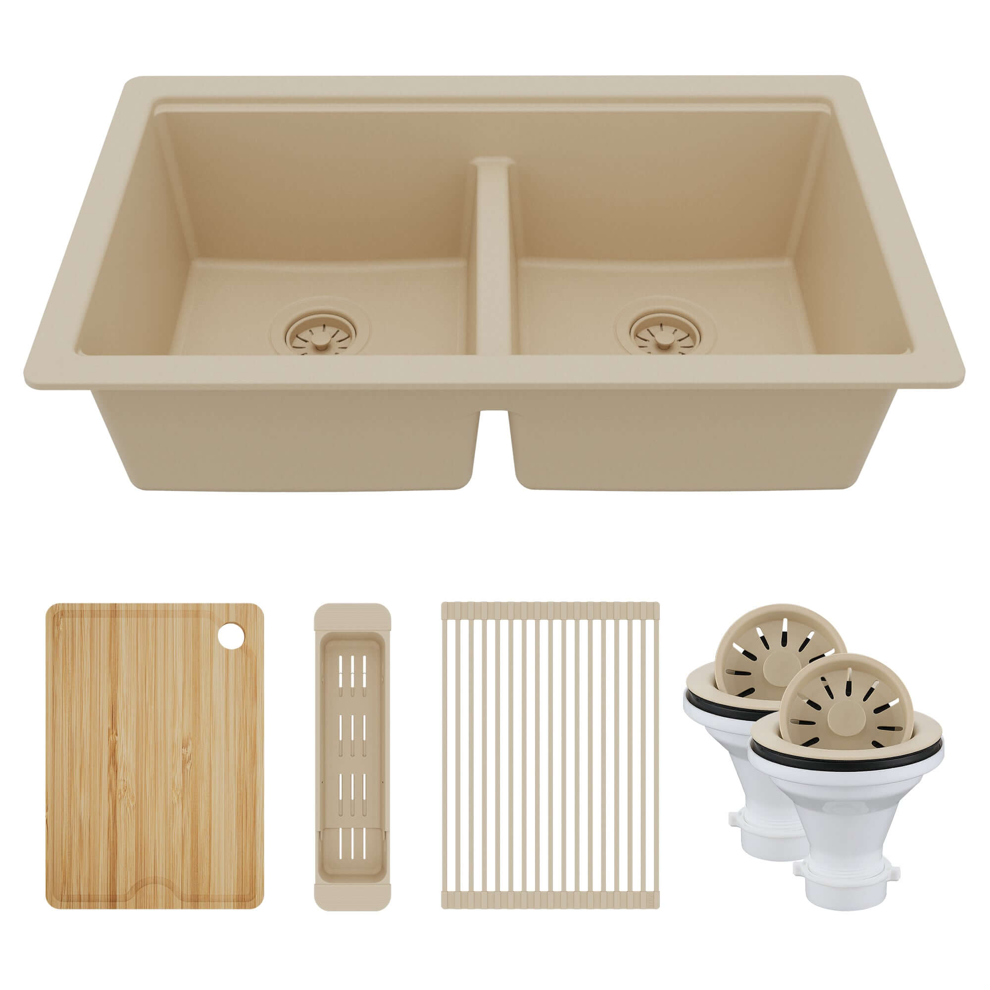 Karran 32" Undermount Quartz Composite Workstation Kitchen Sink, 50/50 Double Bowl, Bisque, QUWS-880-BI-PK2