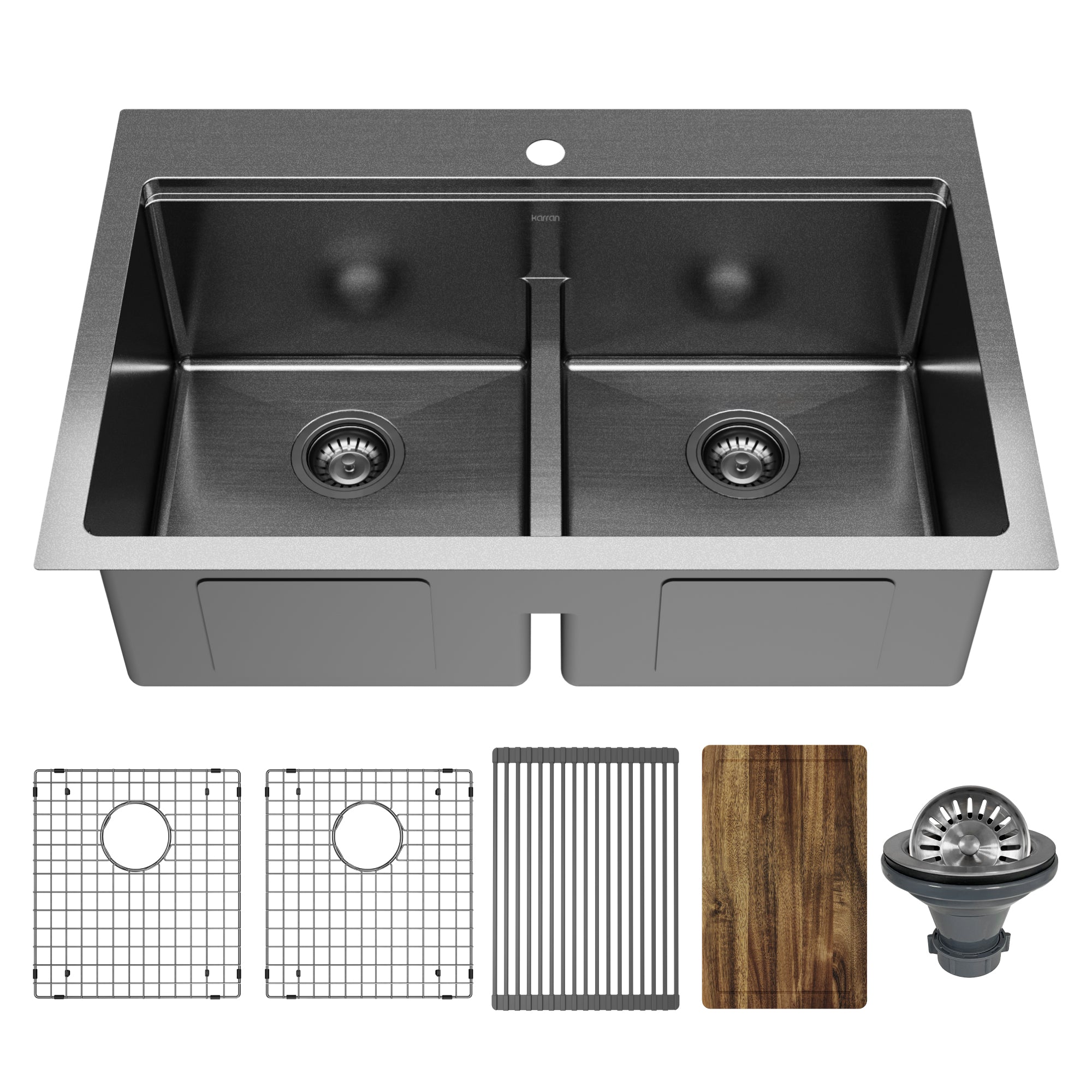 Karran Elite Workstation 33" Drop In Stainless Steel Kitchen Sink, 50/50 Double Bowl, Gunmetal Black, WST-28-D1-PK1