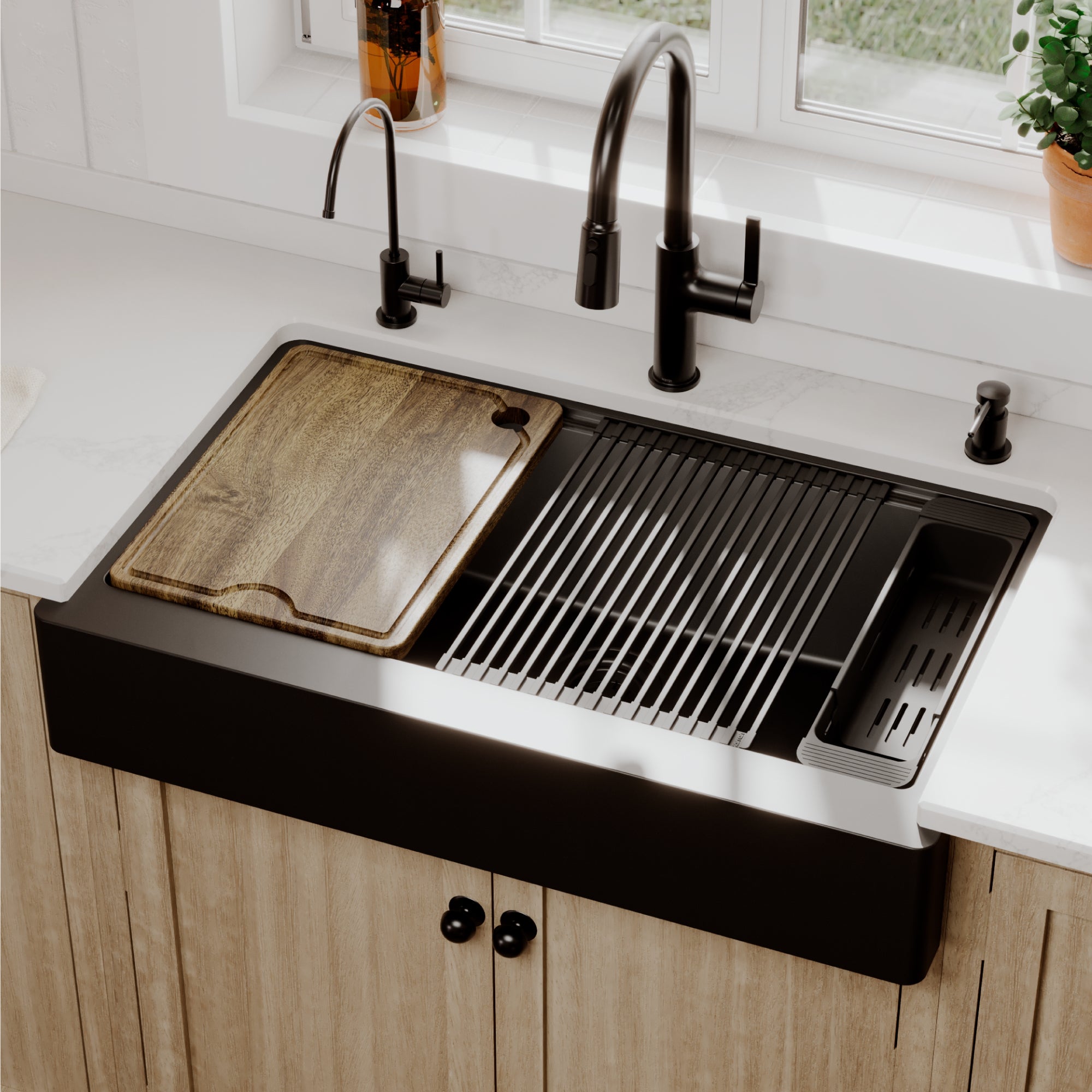 Karran 34 quartz composite retrofit workstation farmhouse sink black lifestyle image
