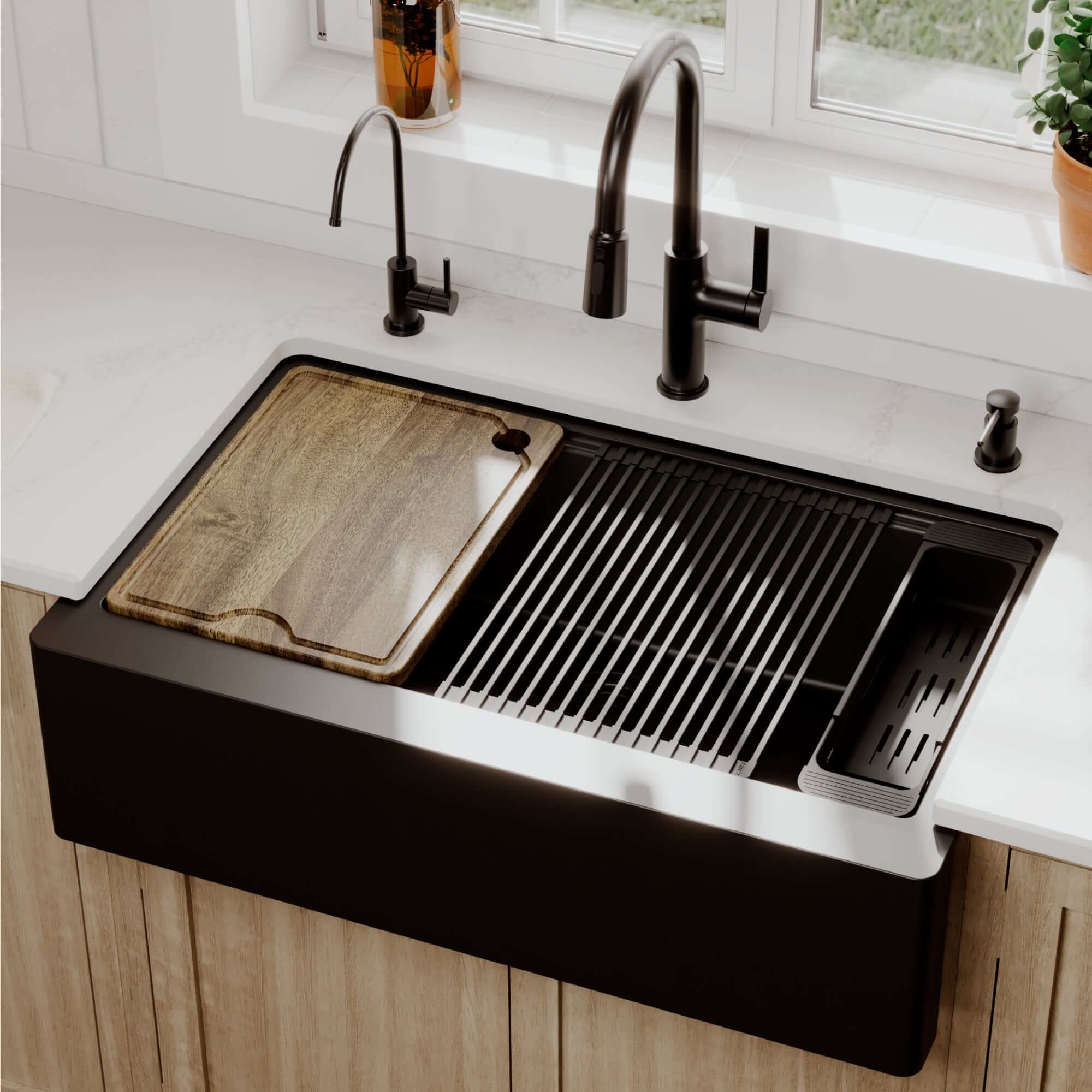 Karran 34 quartz composite workstation farmhouse sink black lifestyle image
