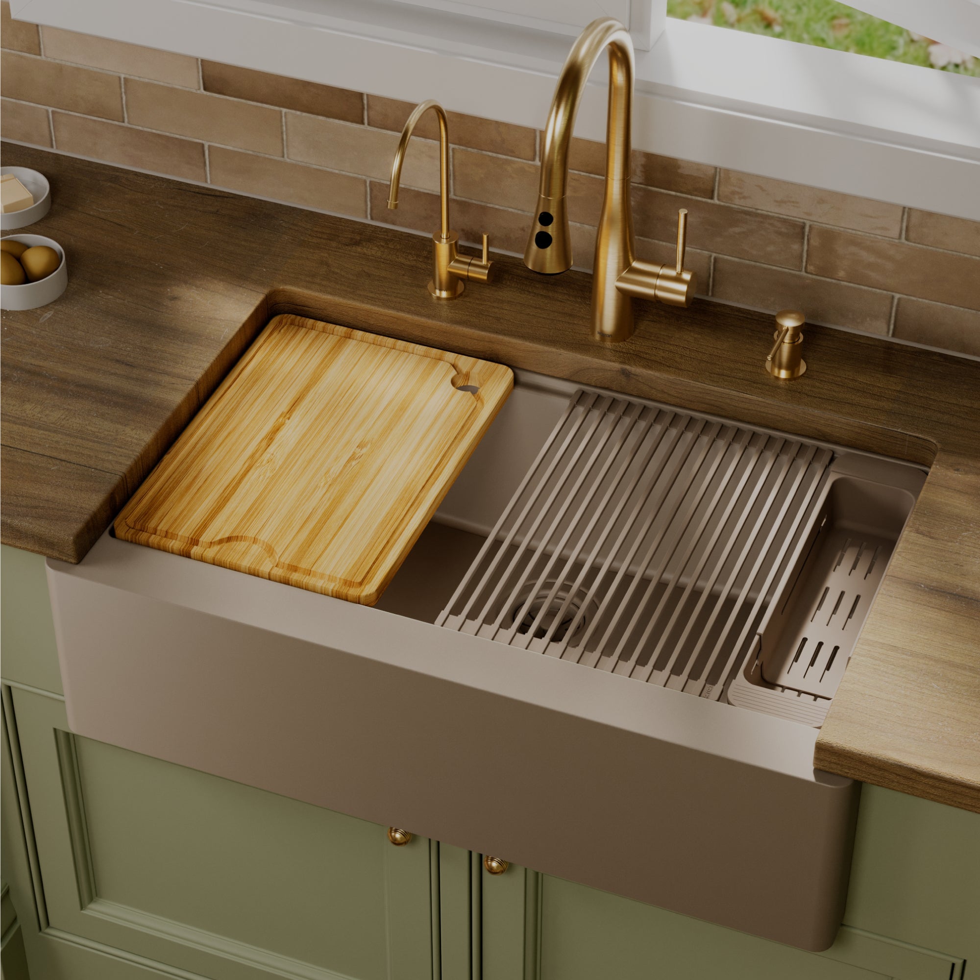 Karran 34 quartz composite workstation farmhouse sink concrete lifestyle image