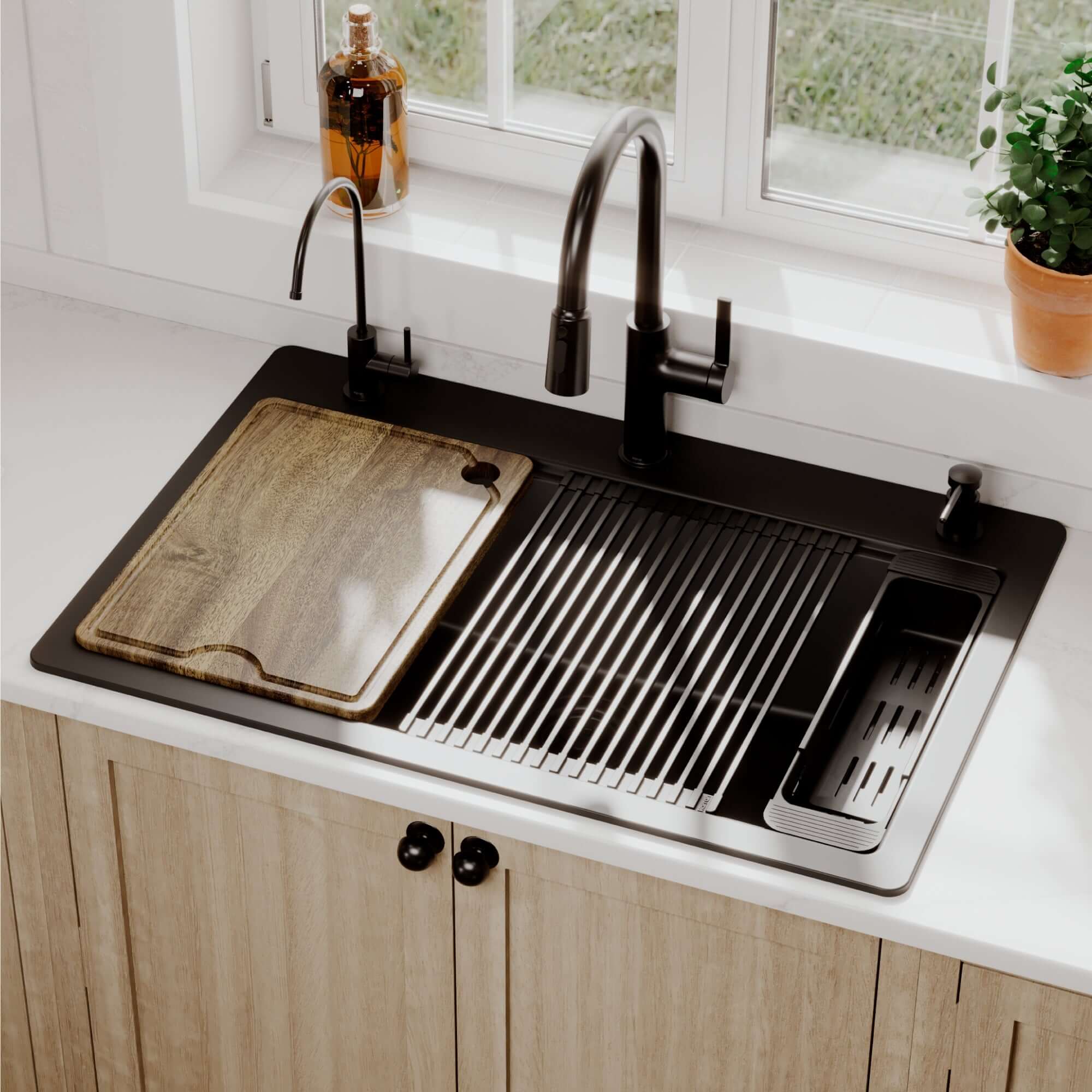 Karran 33 quartz composite workstation kitchen sink black lifestyle image