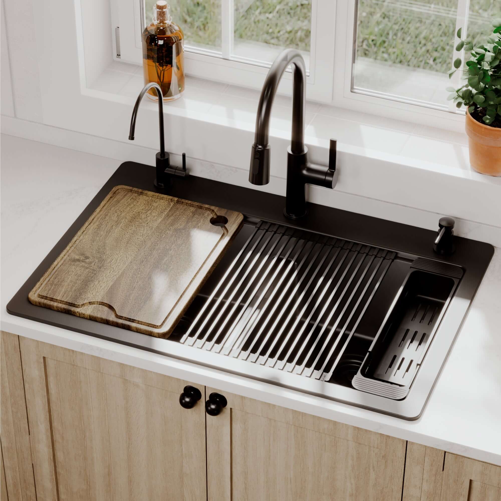 Karran 33 quartz composite workstation kitchen sink 50/50 double bowl black lifestyle image