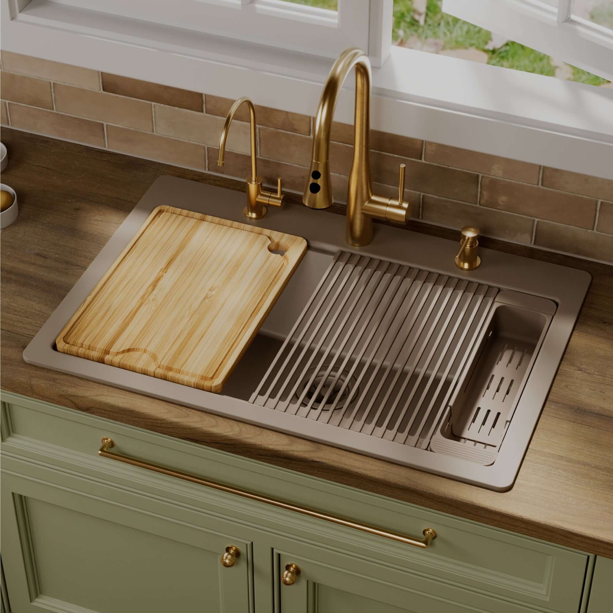 Karran 33 quartz composite workstation kitchen sink concrete lifestyle image