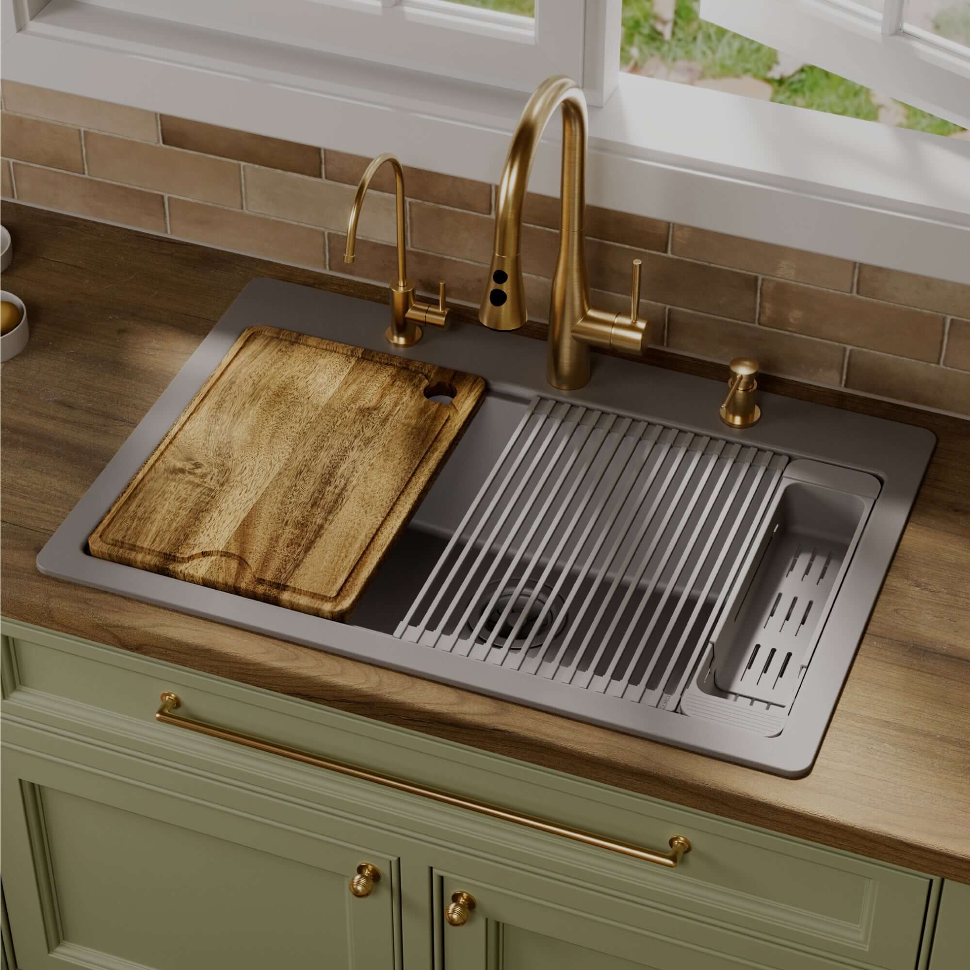 Karran 33 quartz composite workstation kitchen sink grey lifestyle image