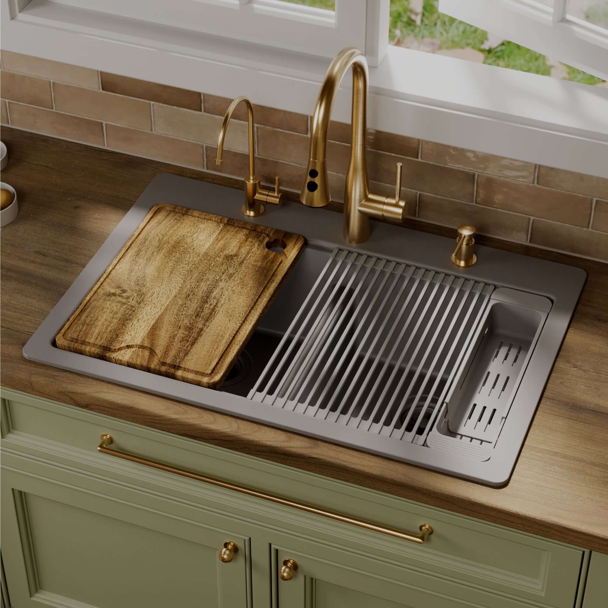 Karran 33 quartz composite workstation kitchen sink 50/50 double bowl grey lifestyle image