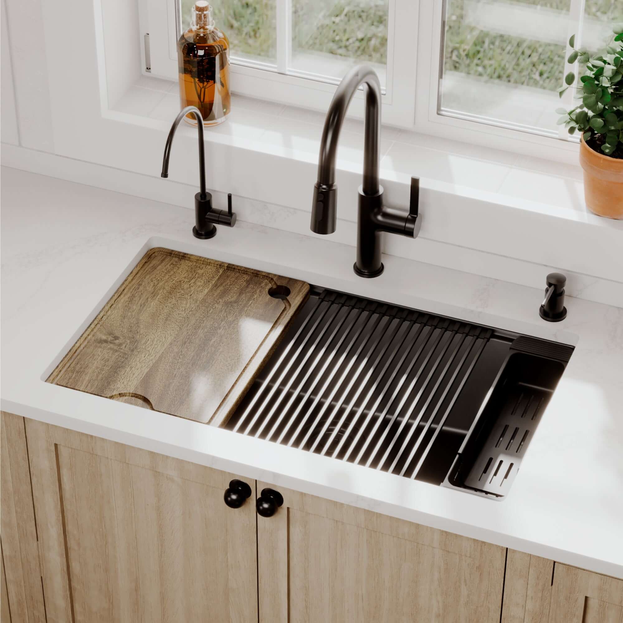 Karran 32 quartz composite workstation kitchen sink black lifestyle image