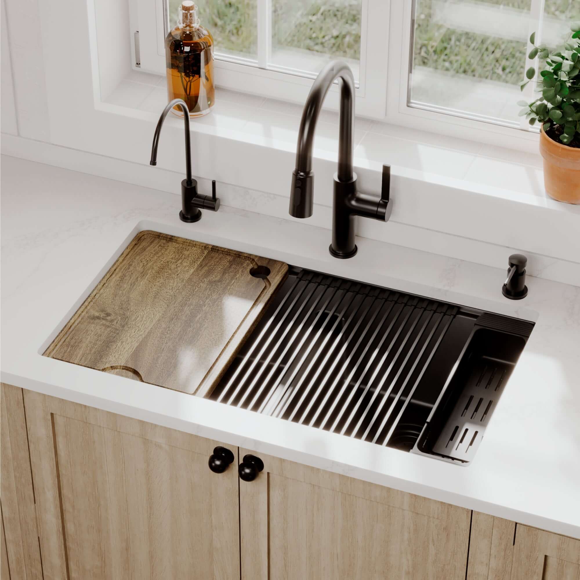 Karran 32 quartz composite workstation kitchen sink 50/50 double bowl black lifestyle image