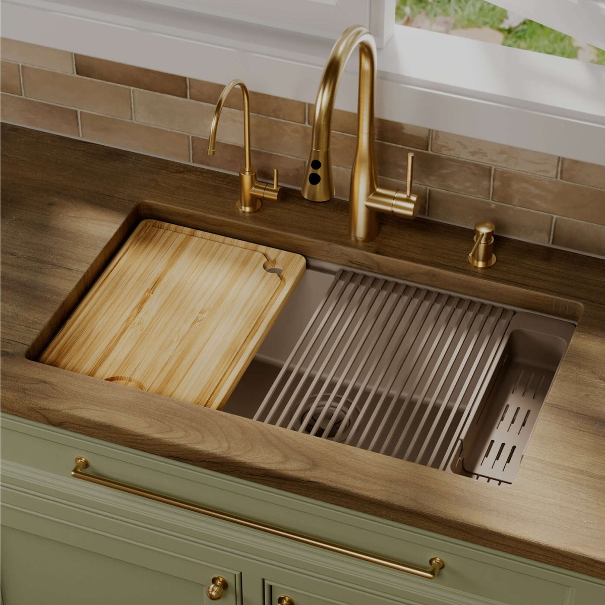 Karran 32 quartz composite workstation kitchen sink concrete lifestyle image