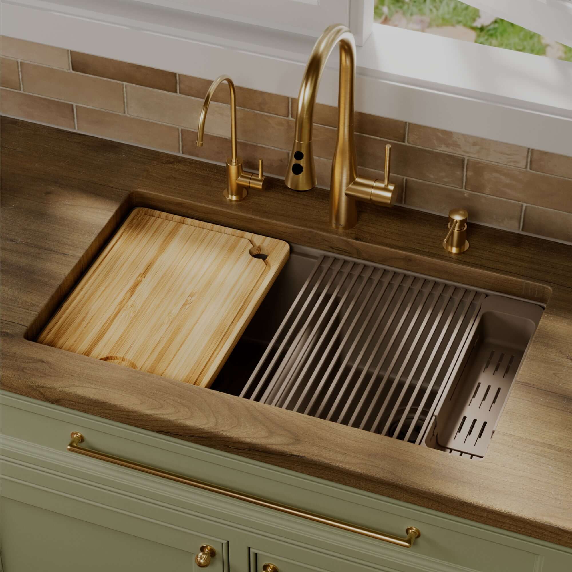 Karran 32 quartz composite workstation kitchen sink 50/50 double bowl concrete lifestyle image