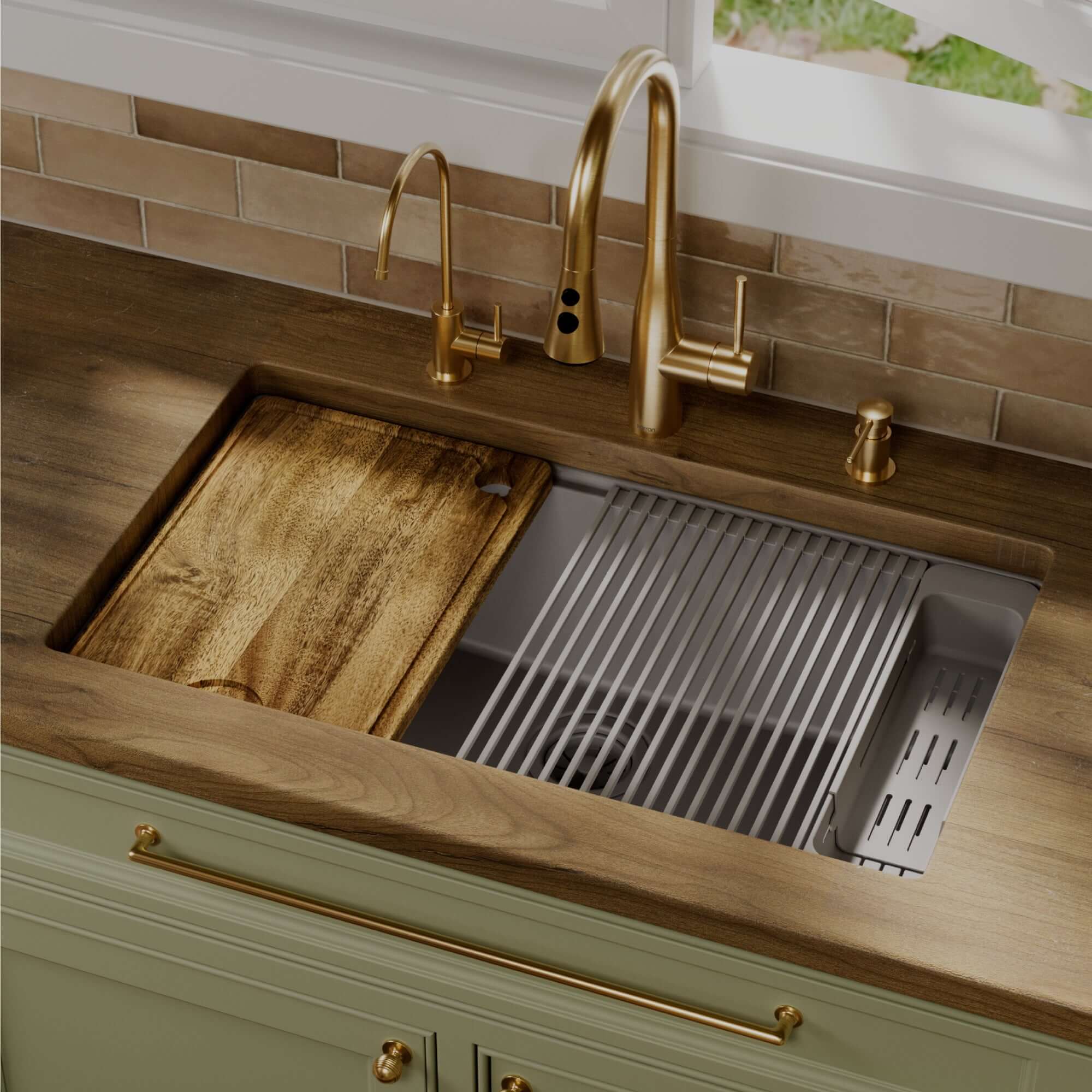Karran 32 quartz composite workstation kitchen sink grey lifestyle image