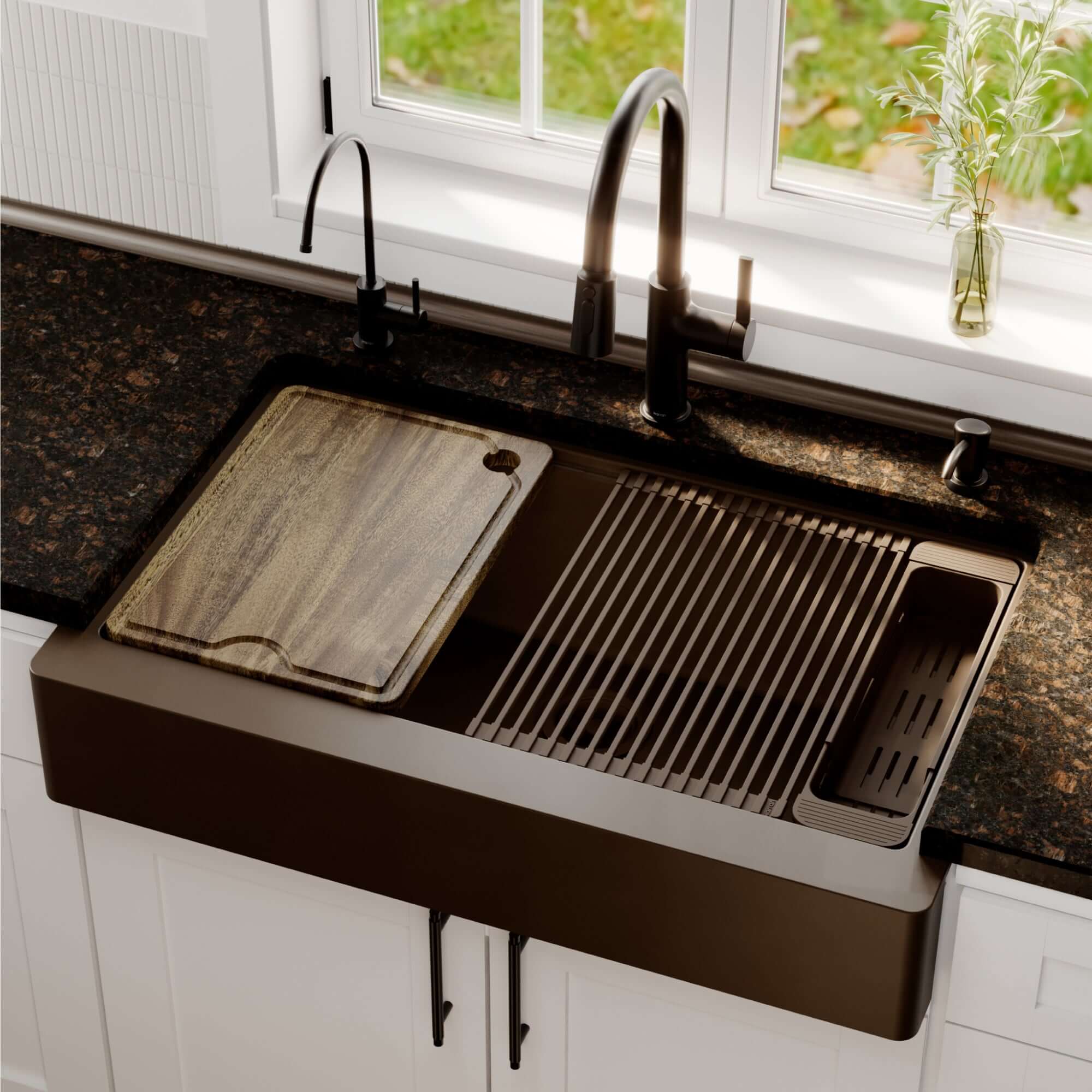 Karran 34 quartz composite retrofit workstation farmhouse sink brown lifestyle image