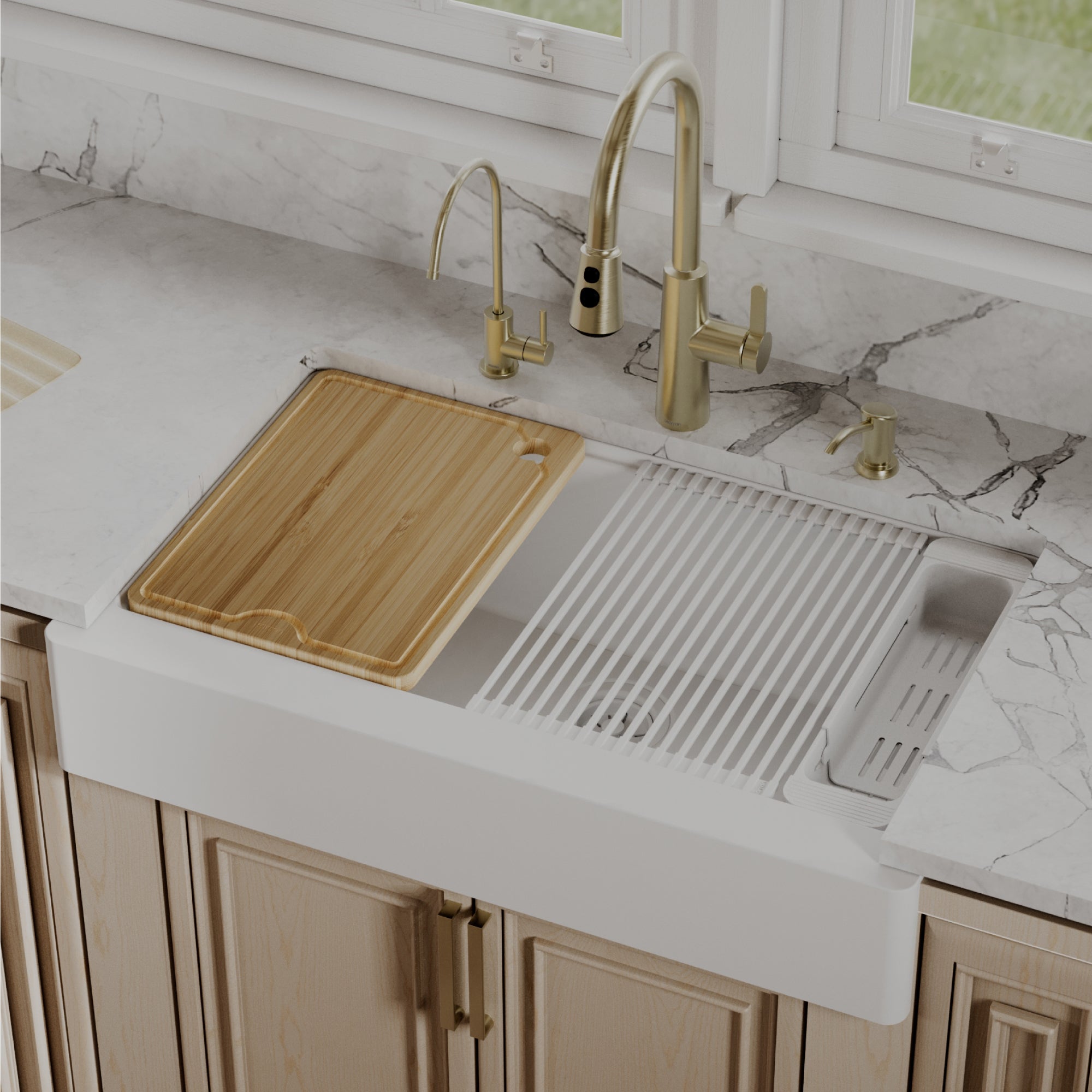 Karran 34 quartz composite retrofit workstation farmhouse sink white lifestyle image