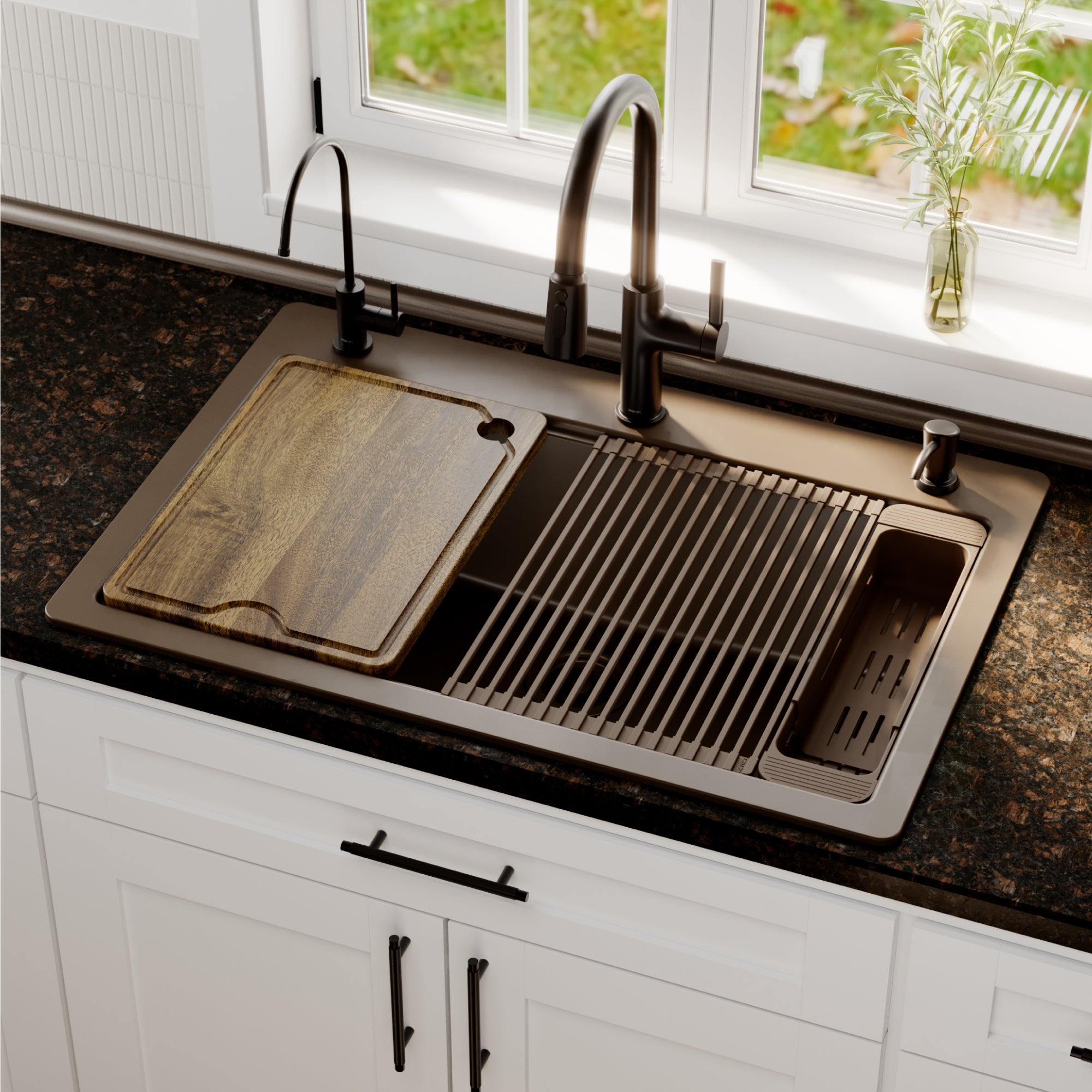 Karran 33 quartz composite workstation kitchen sink brown lifestyle image