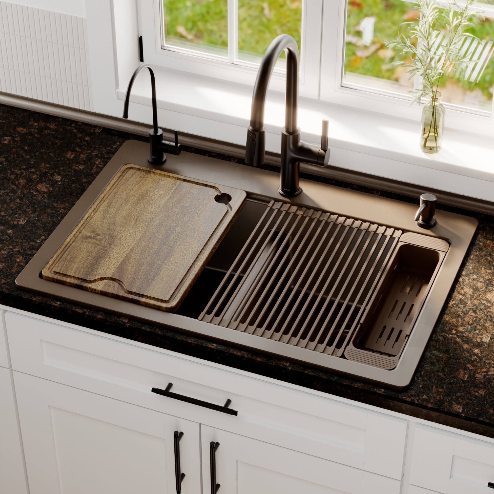 Karran 33 quartz composite workstation kitchen sink 50/50 double bowl brown lifestyle image