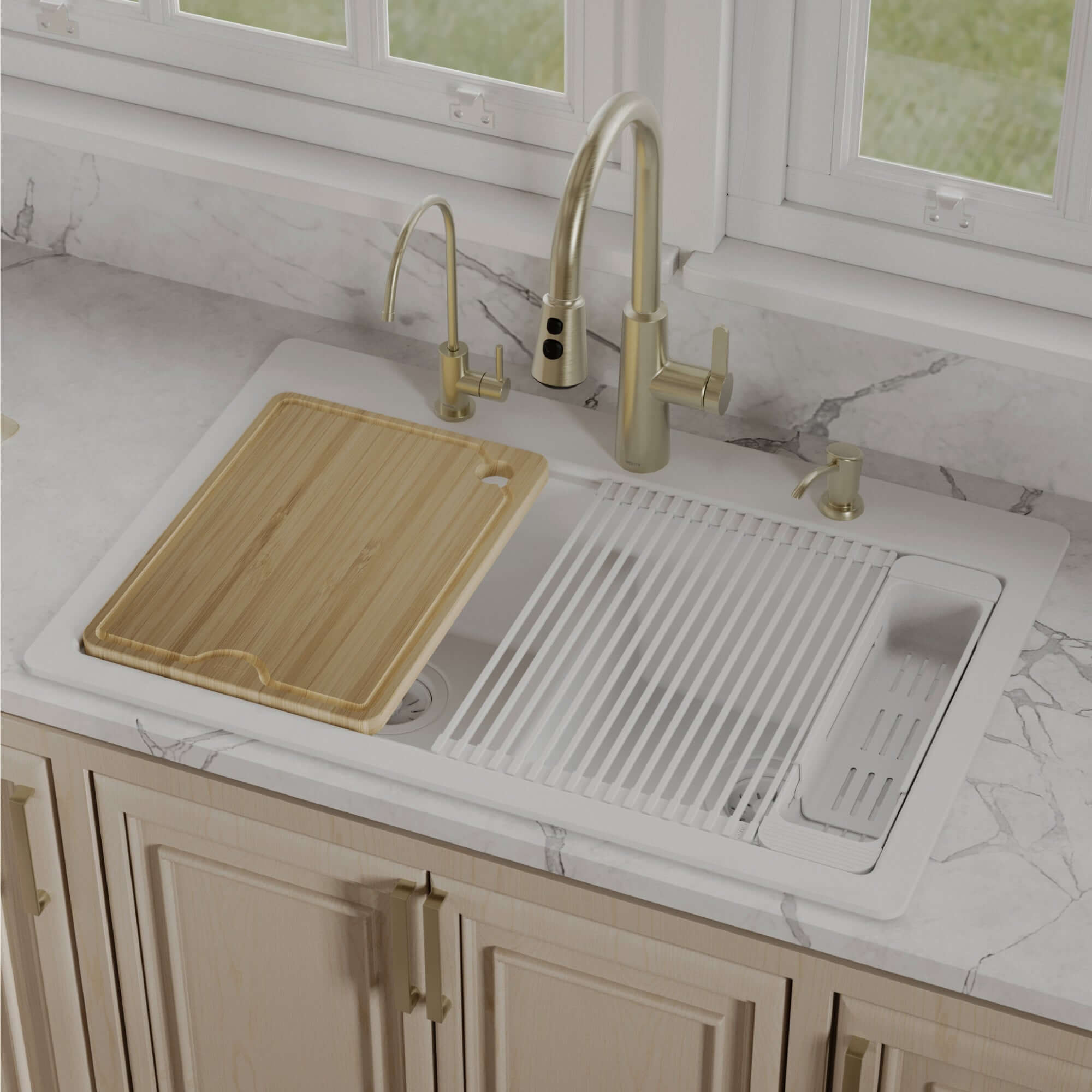 Karran 33 quartz composite workstation kitchen sink 50/50 double bowl white lifestyle image