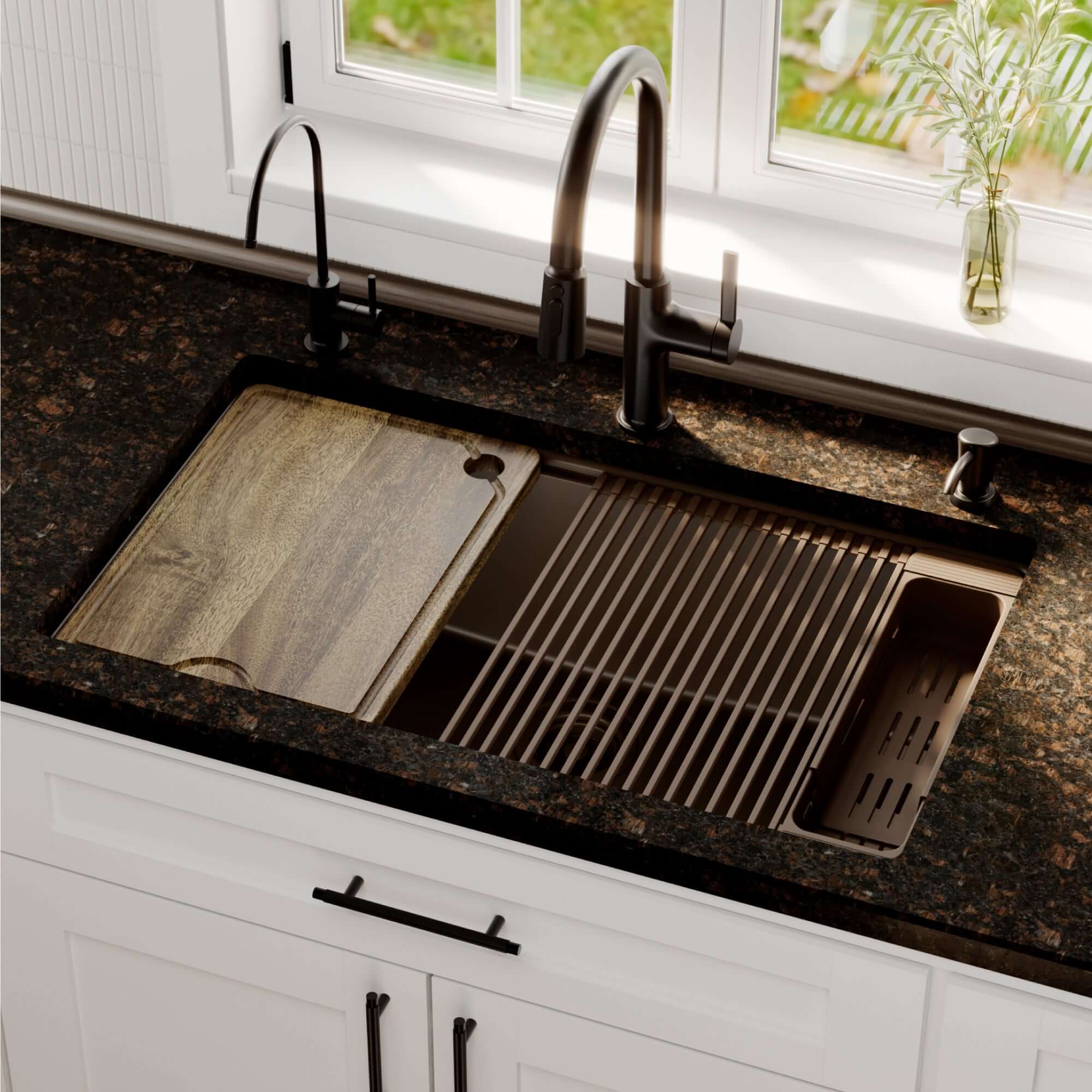 Karran 32 quartz composite workstation kitchen sink brown lifestyle image