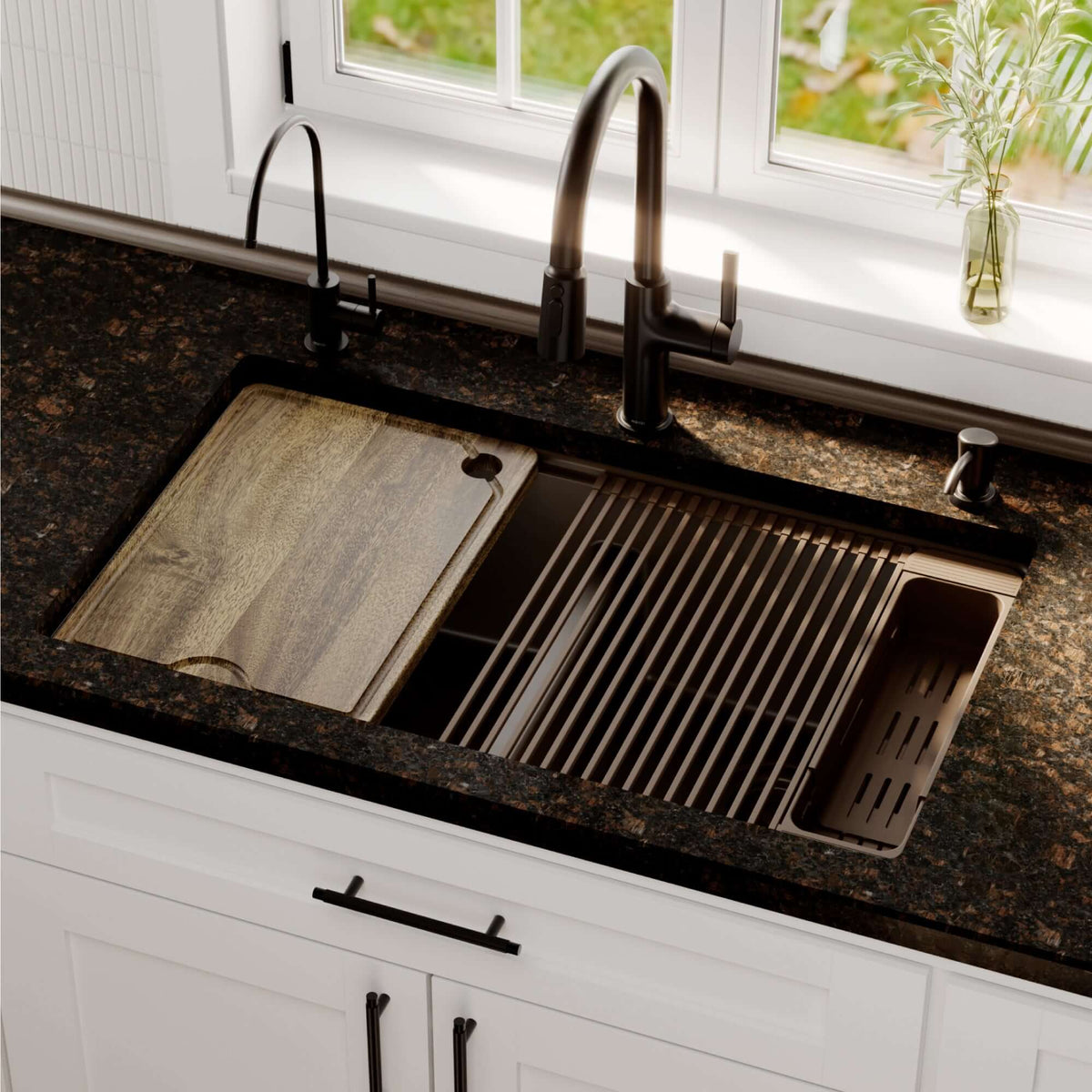 Karran 32 quartz composite workstation kitchen sink 50/50 double bowl brown lifestyle image