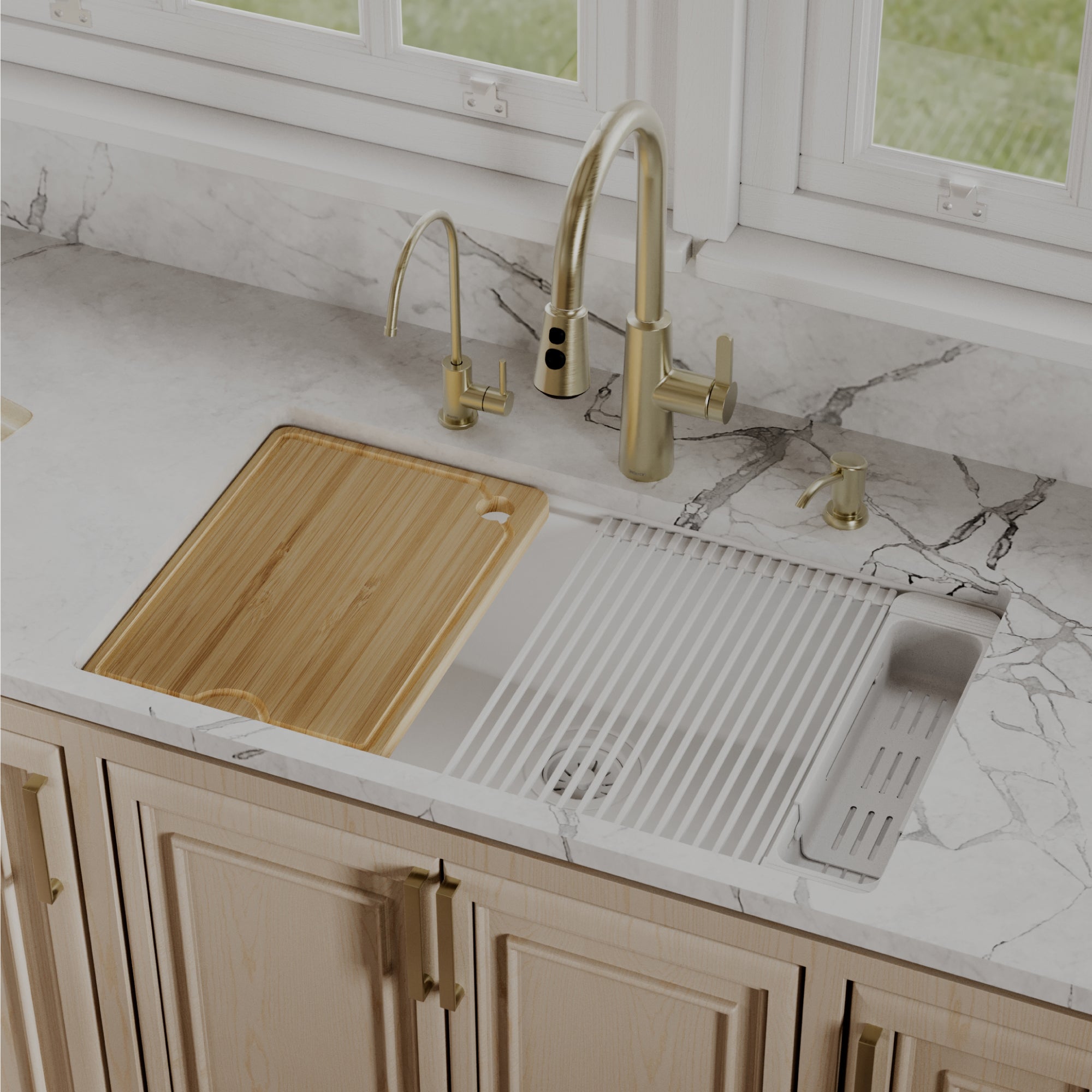 Karran 32 quartz composite workstation kitchen sink white lifestyle image
