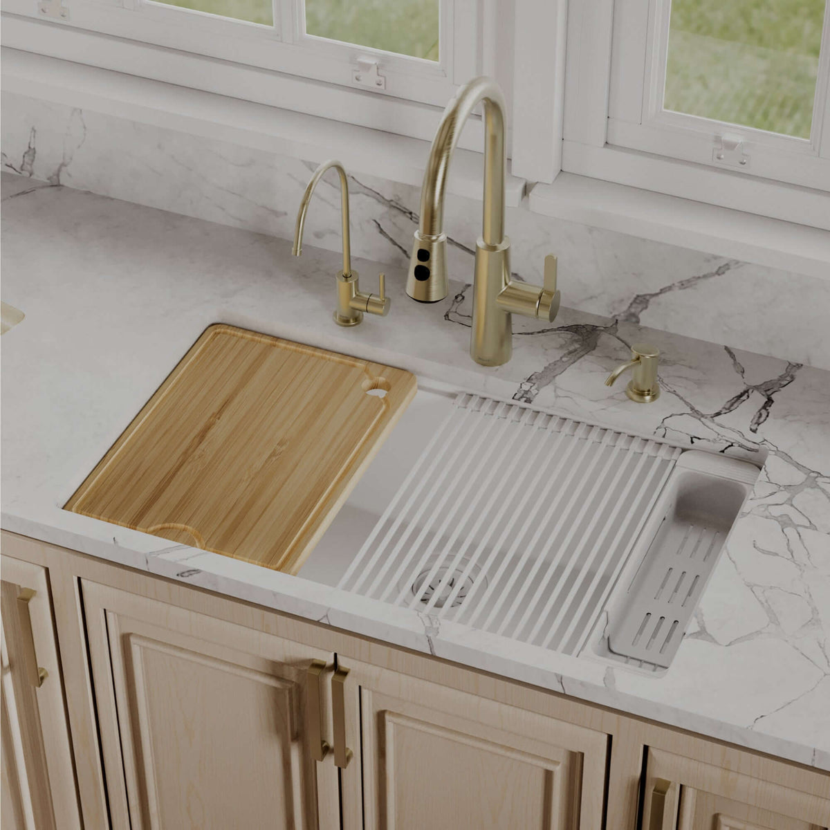 Karran 32 quartz composite workstation kitchen sink white lifestyle image