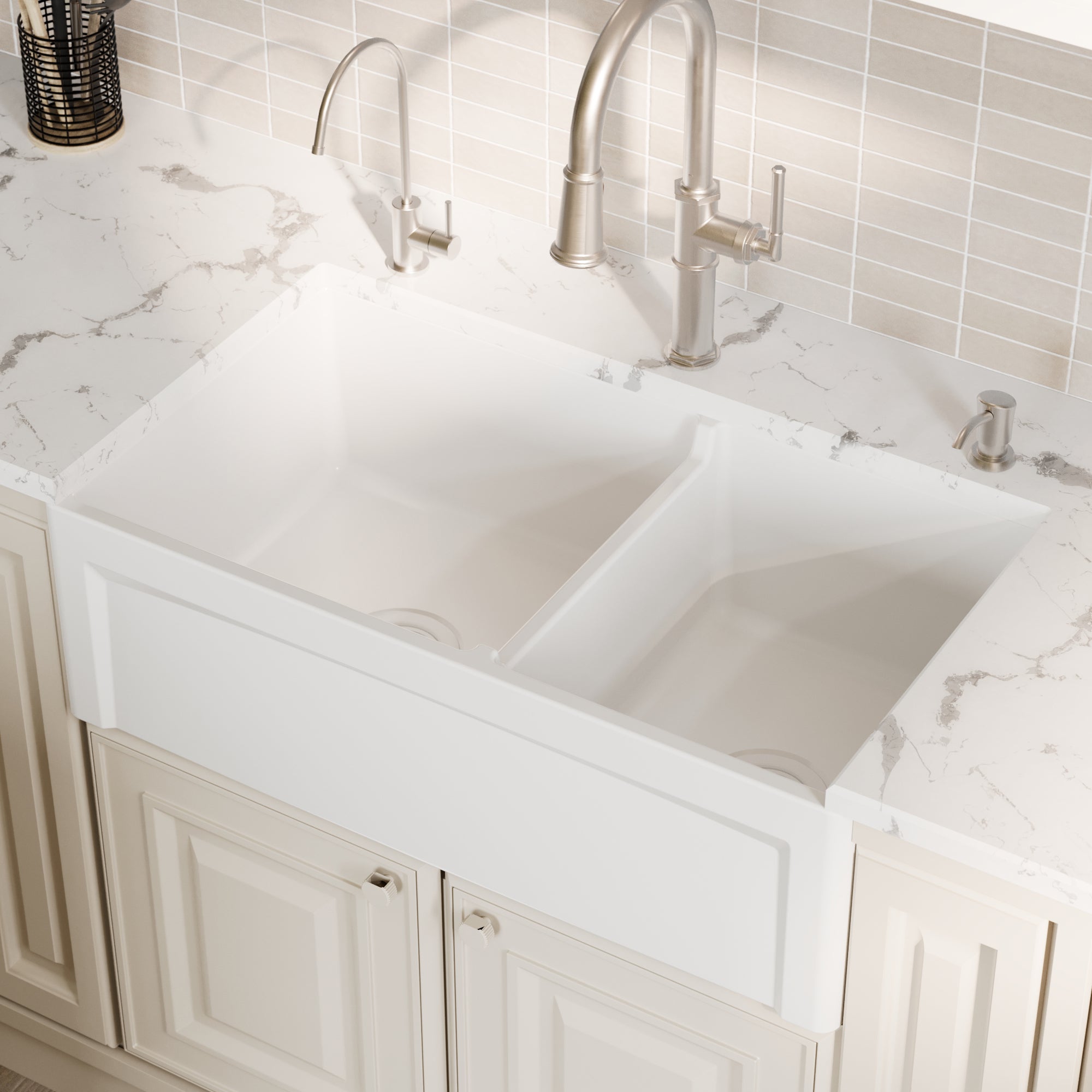 Alternative View of Karran Fireclay 33" Fireclay Farmhouse Sink with Accessories, 60/40 Double Bowl, White, FCP33DBWH