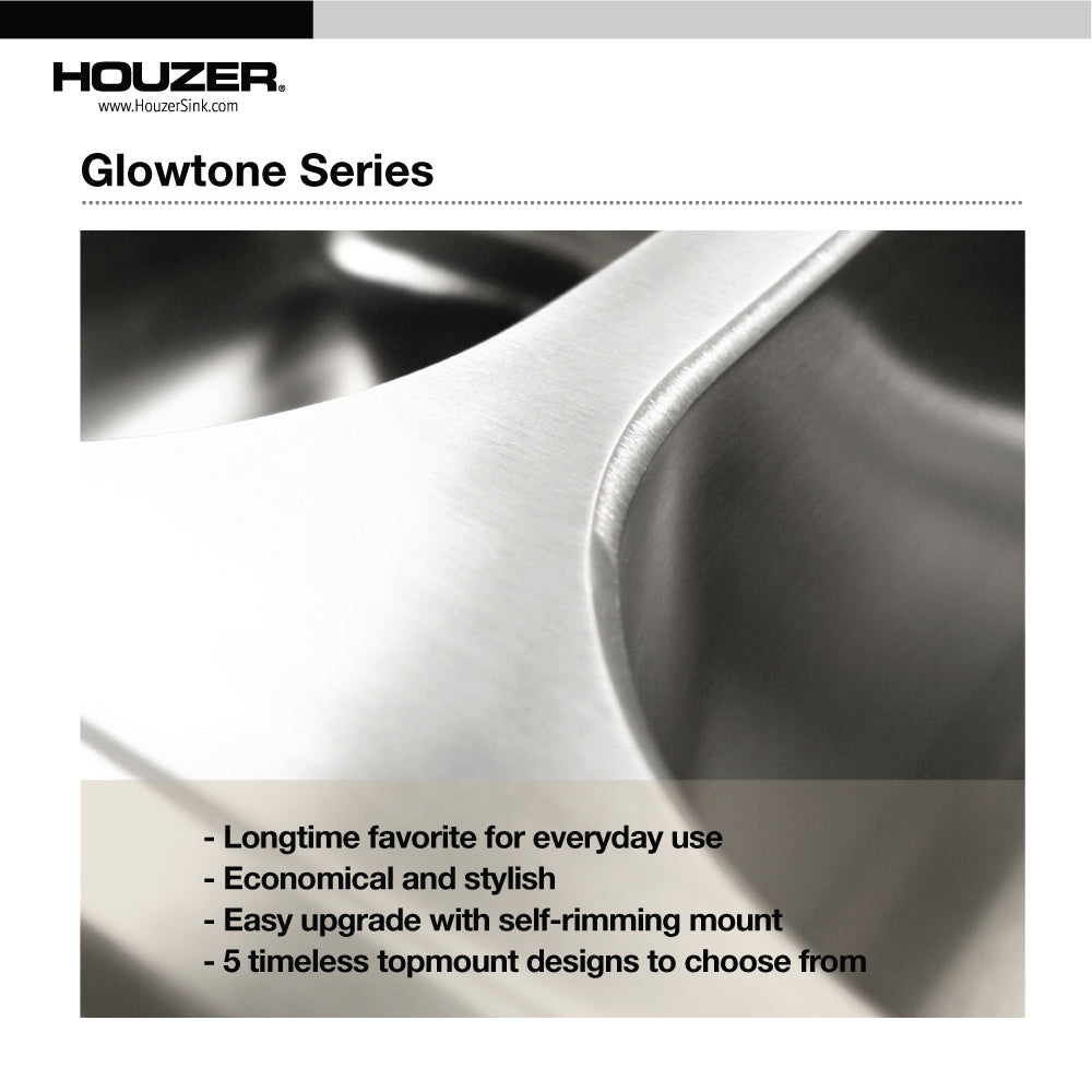 Alternate Image for Houzer Glowtone 25" Stainless Steel Drop-in Topmount 3-hole Single Bowl 8 inch Deep Kitchen Sink with Strainer - 20 Gauge, 2522-8BS3-C