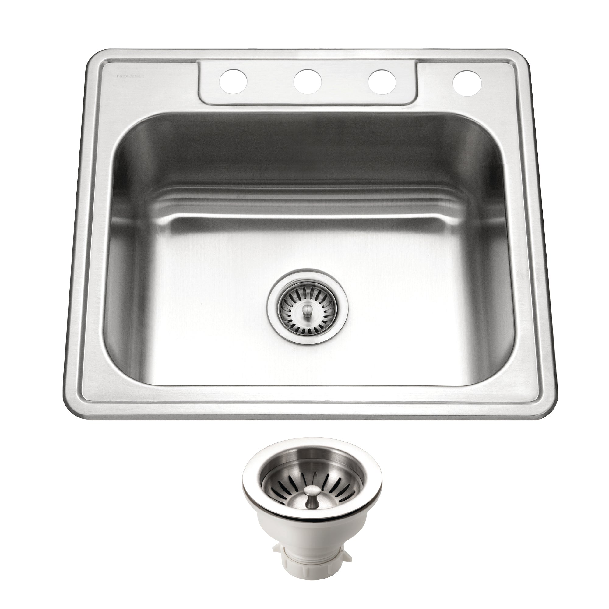 Houzer Glowtone 25" Stainless Steel Drop-in Topmount 4-hole Single Bowl 8 inch Deep Kitchen Sink with Strainer - 20 Gauge, 2522-8BS4-C
