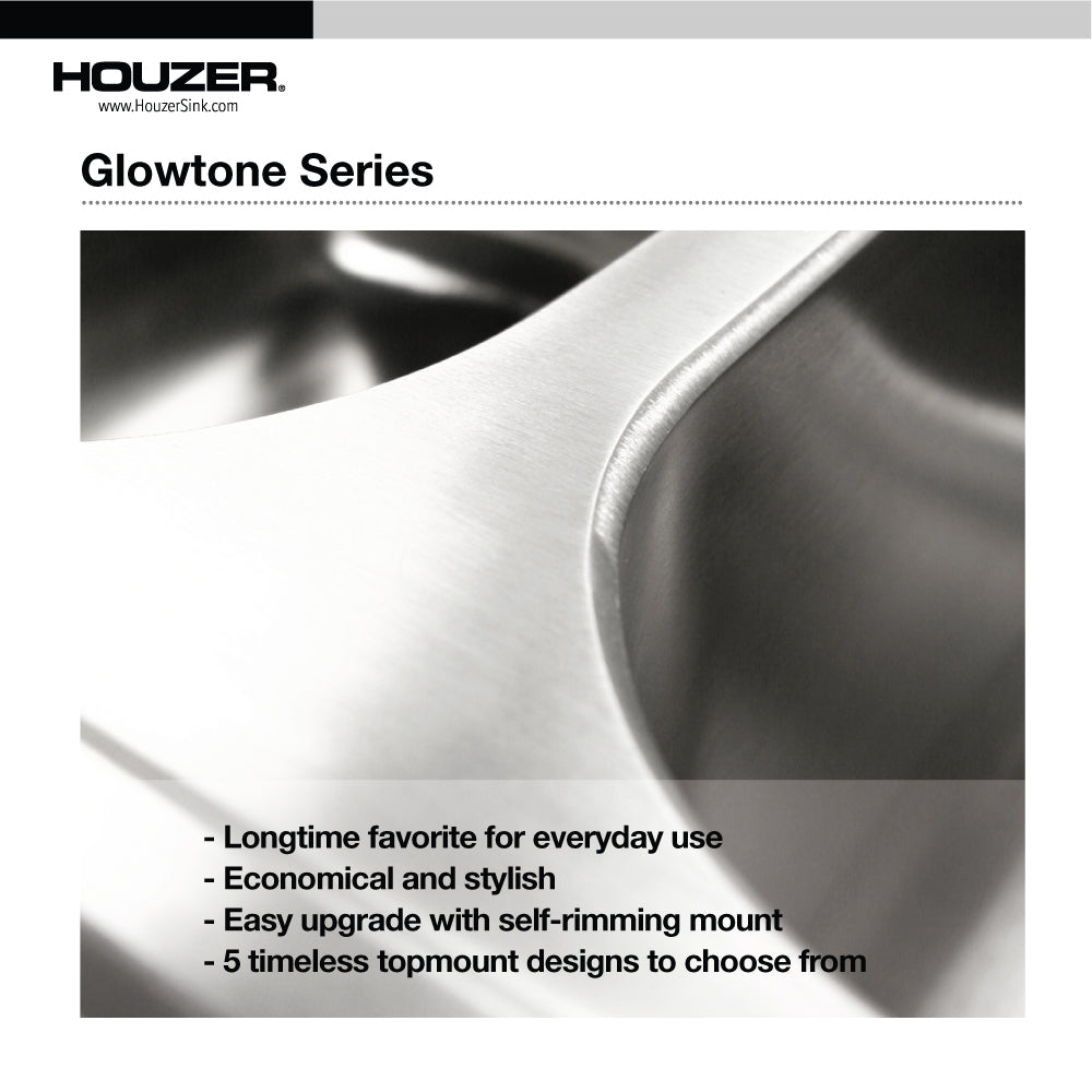 Alternate Image for Houzer Glowtone 25" Stainless Steel Drop-in Topmount 4-hole Single Bowl 8 inch Deep Kitchen Sink with Strainer - 20 Gauge, 2522-8BS4-C