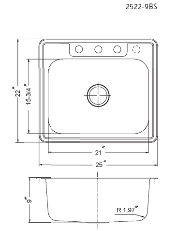 Houzer 25" Stainless Steel Topmount Single Bowl Kitchen Sink, 18 Gauge, 2522-9BS3-1