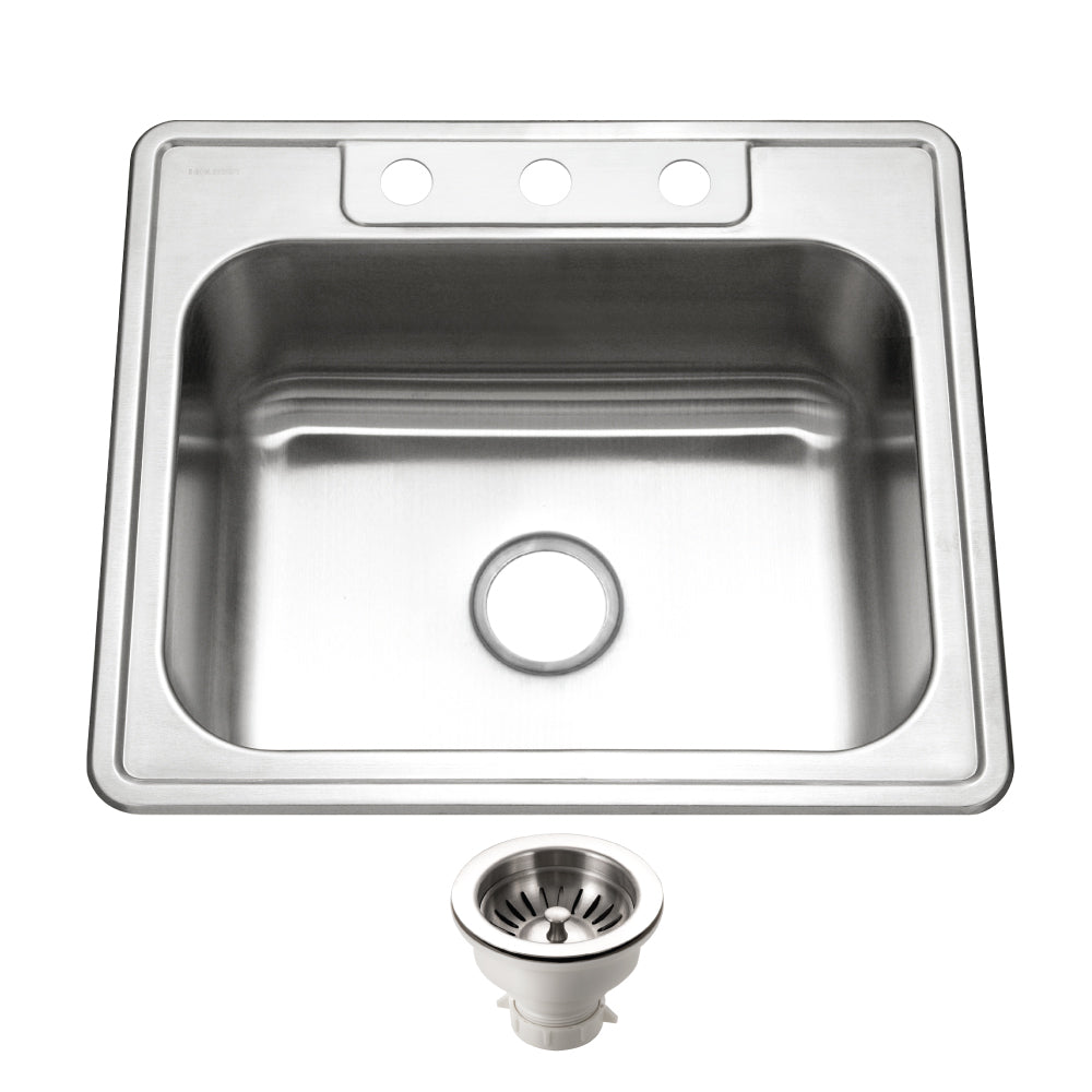 Houzer Glowtone 25" Stainless Steel Drop-in Topmount 3-hole Single Bowl 9 inch Deep Kitchen Sink with Strainer - 18 Gauge, 2522-9BS3-C
