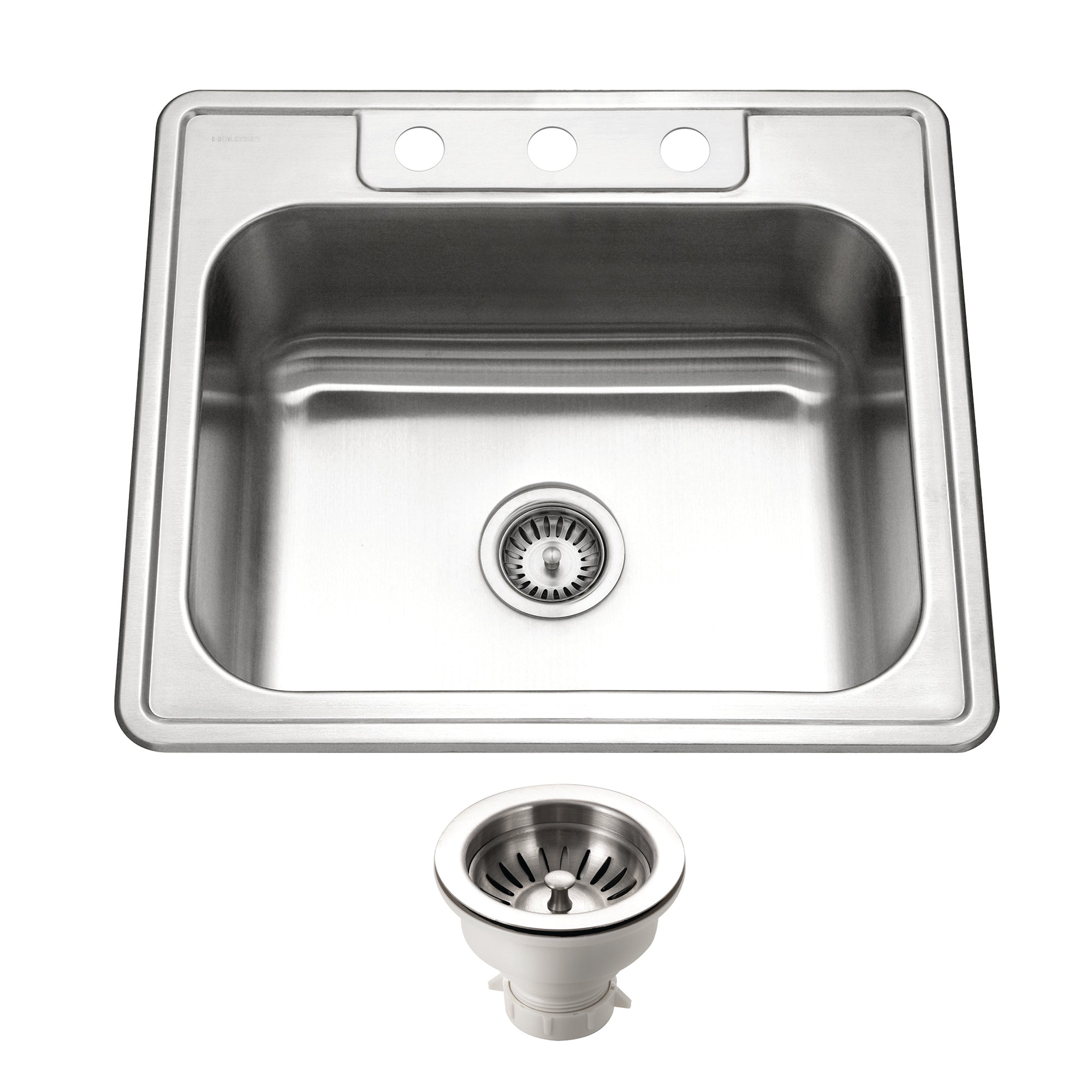 Houzer Glowtone 25" Stainless Steel Drop-in Topmount 3-hole Single Bowl 9 inch Deep Kitchen Sink with Strainer - 18 Gauge, 2522-9BS3-C