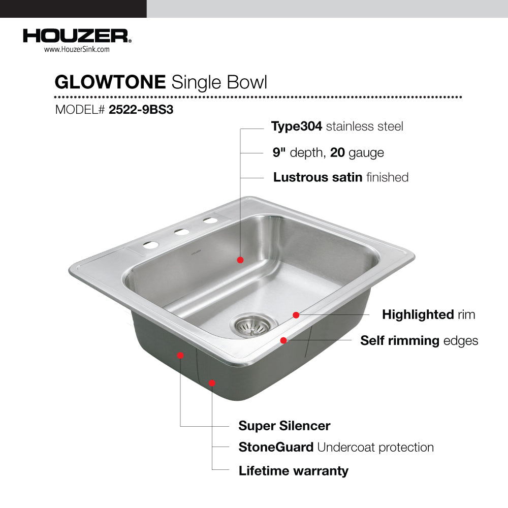 Alternate Image for Houzer Glowtone 25" Stainless Steel Drop-in Topmount 3-hole Single Bowl 9 inch Deep Kitchen Sink with Strainer - 18 Gauge, 2522-9BS3-C