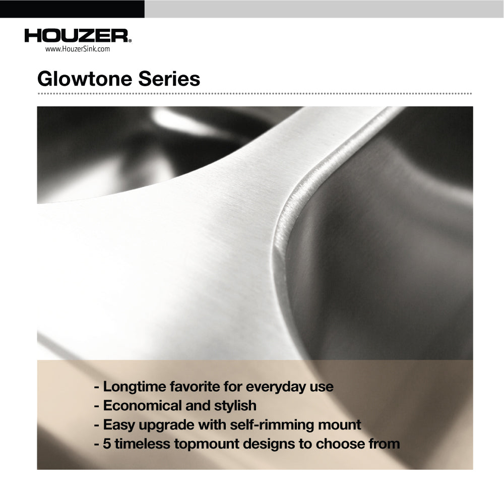 Alternate Image for Houzer Glowtone 25" Stainless Steel Topmount 4-hole Single Bowl Kitchen Sink with 9 inch Depth, with Strainer - 18 Gauge, 2522-9BS4-C