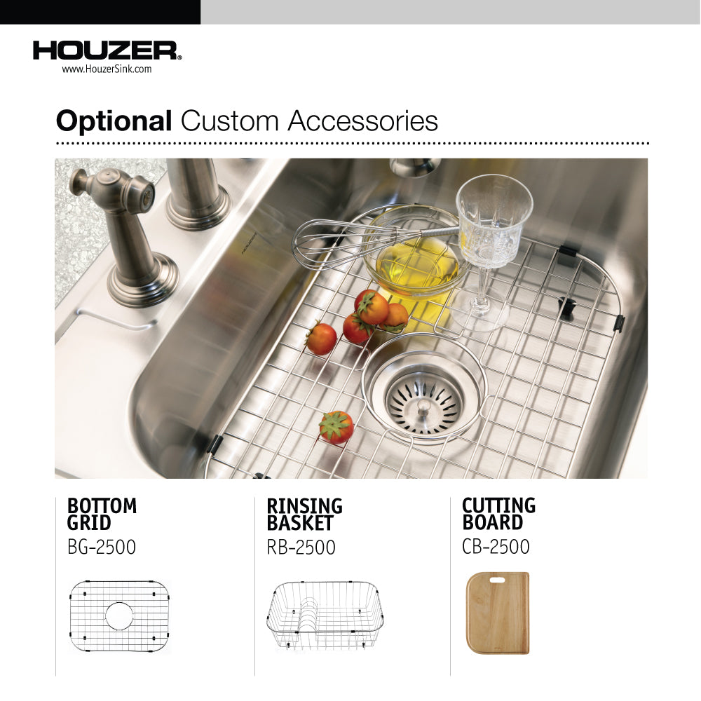 Alternate Image for Houzer Glowtone 25" Stainless Steel Topmount 4-hole Single Bowl Kitchen Sink with 9 inch Depth, with Strainer - 18 Gauge, 2522-9BS4-C