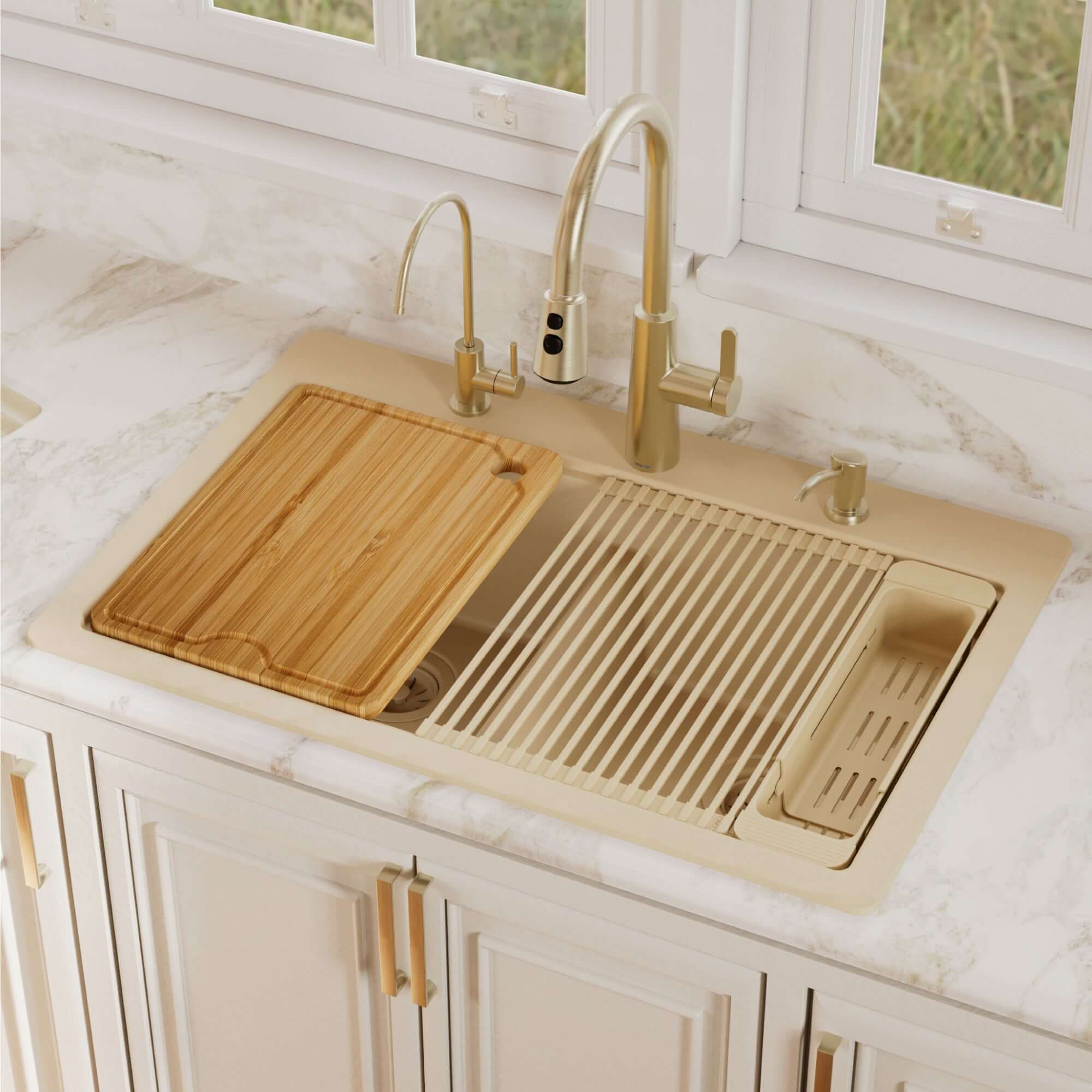 Karran 33 quartz composite workstation kitchen sink 50/50 double bowl bisque lifestyle image