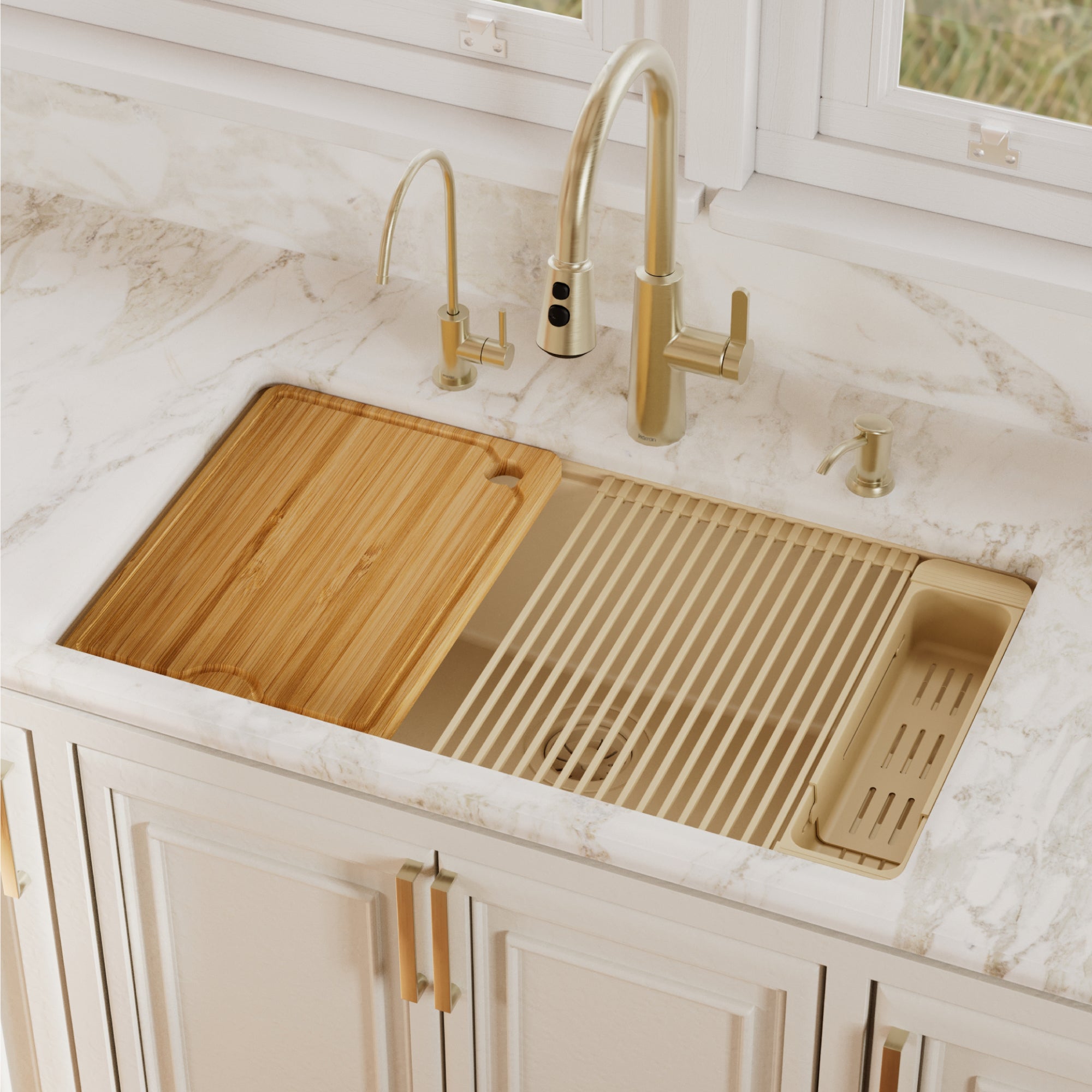 Karran 32 quartz composite workstation kitchen sink bisque lifestyle image