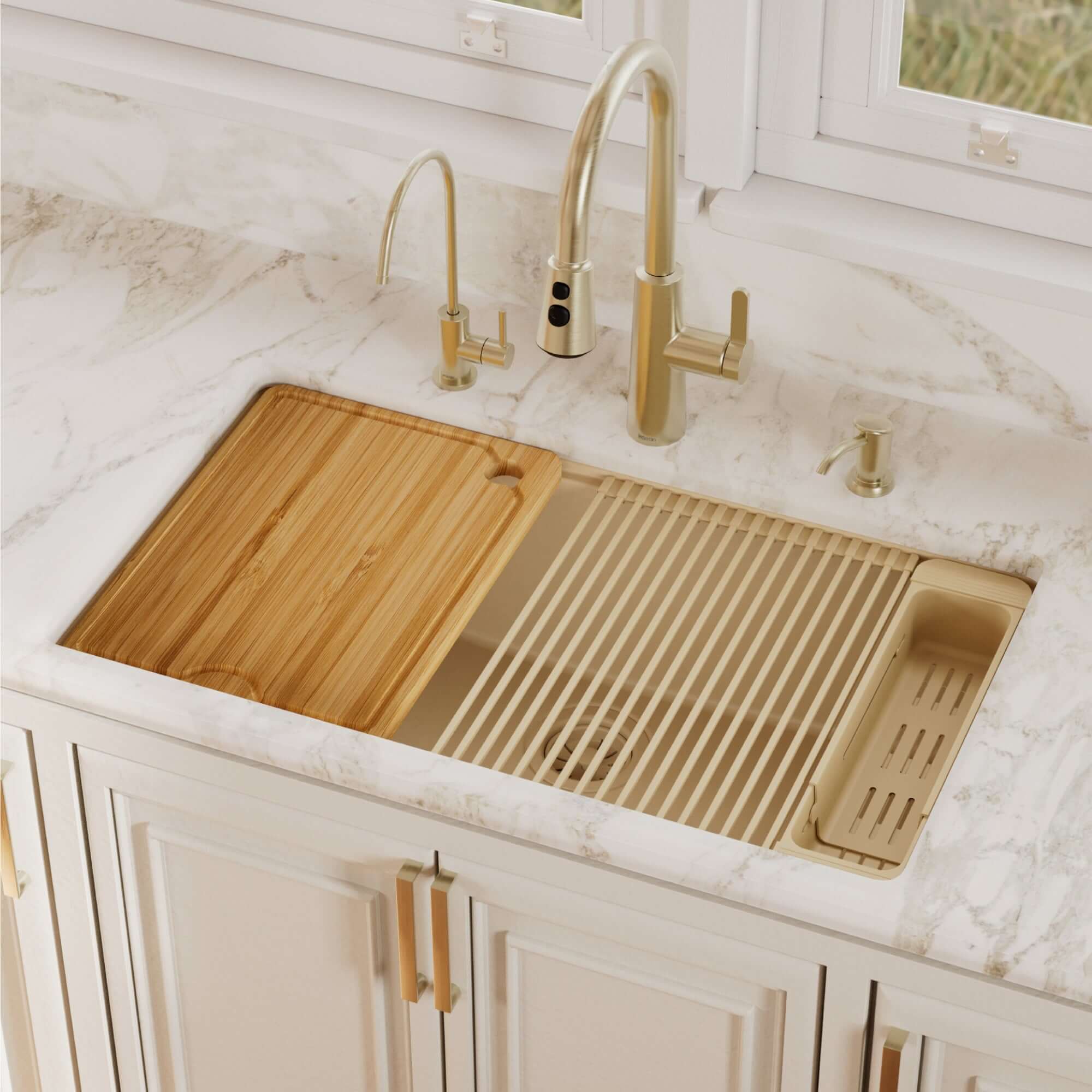 Karran 32 quartz composite workstation kitchen sink bisque lifestyle image
