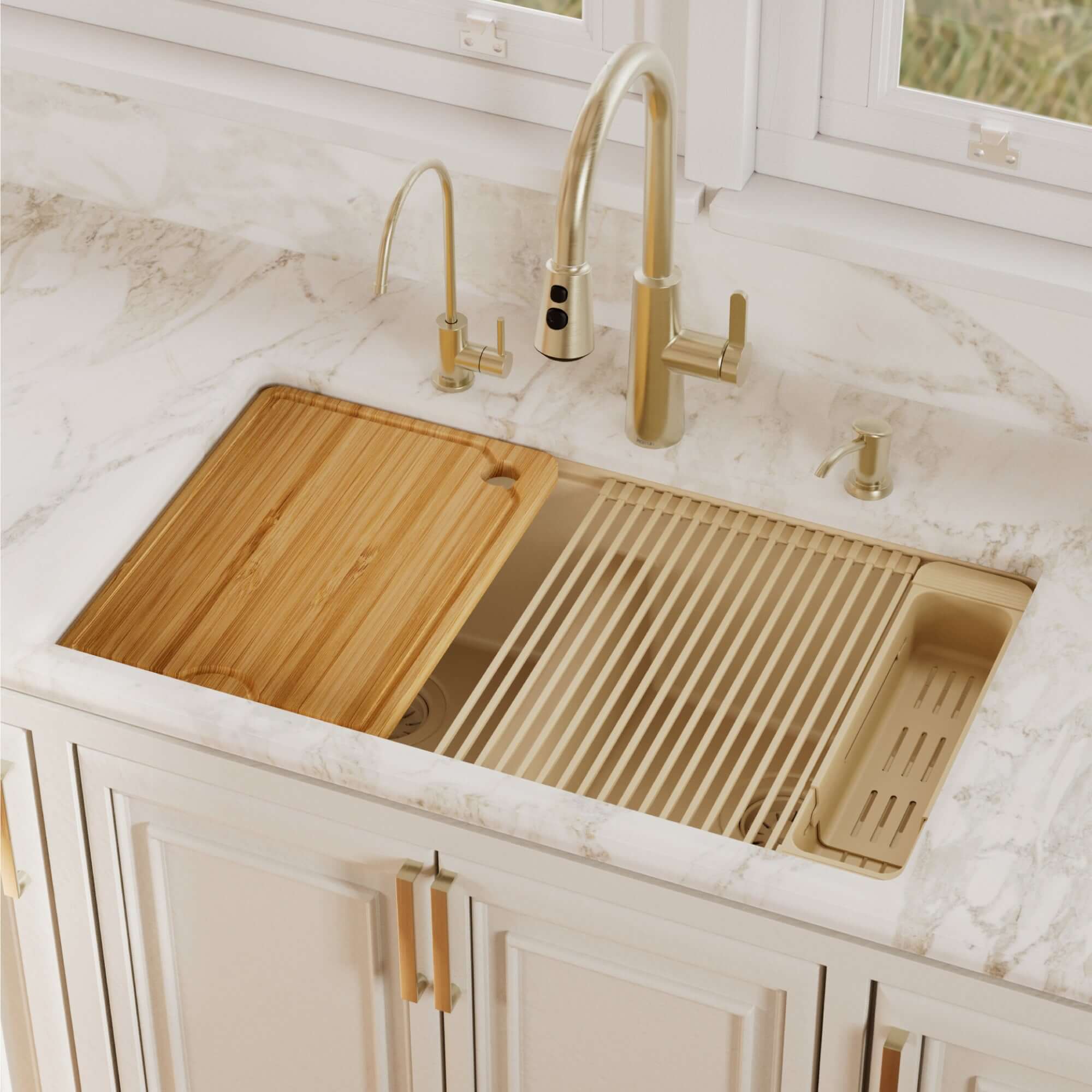 Karran 32 quartz composite workstation kitchen sink 50/50 double bowl bisque lifestyle image