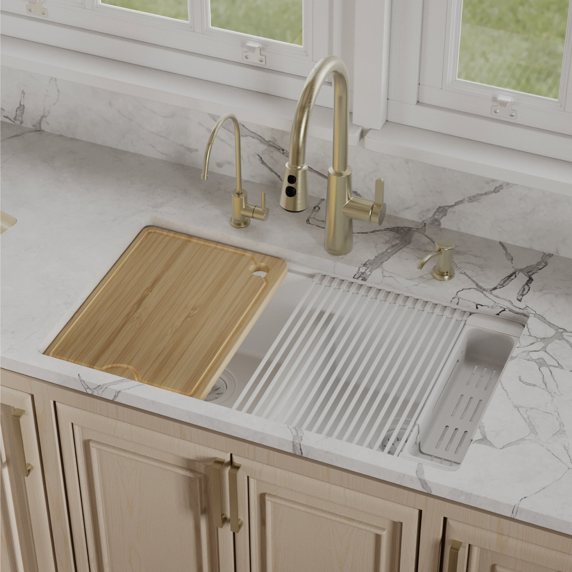 Karran 32 quartz composite workstation kitchen sink 50/50 double bowl white lifestyle image