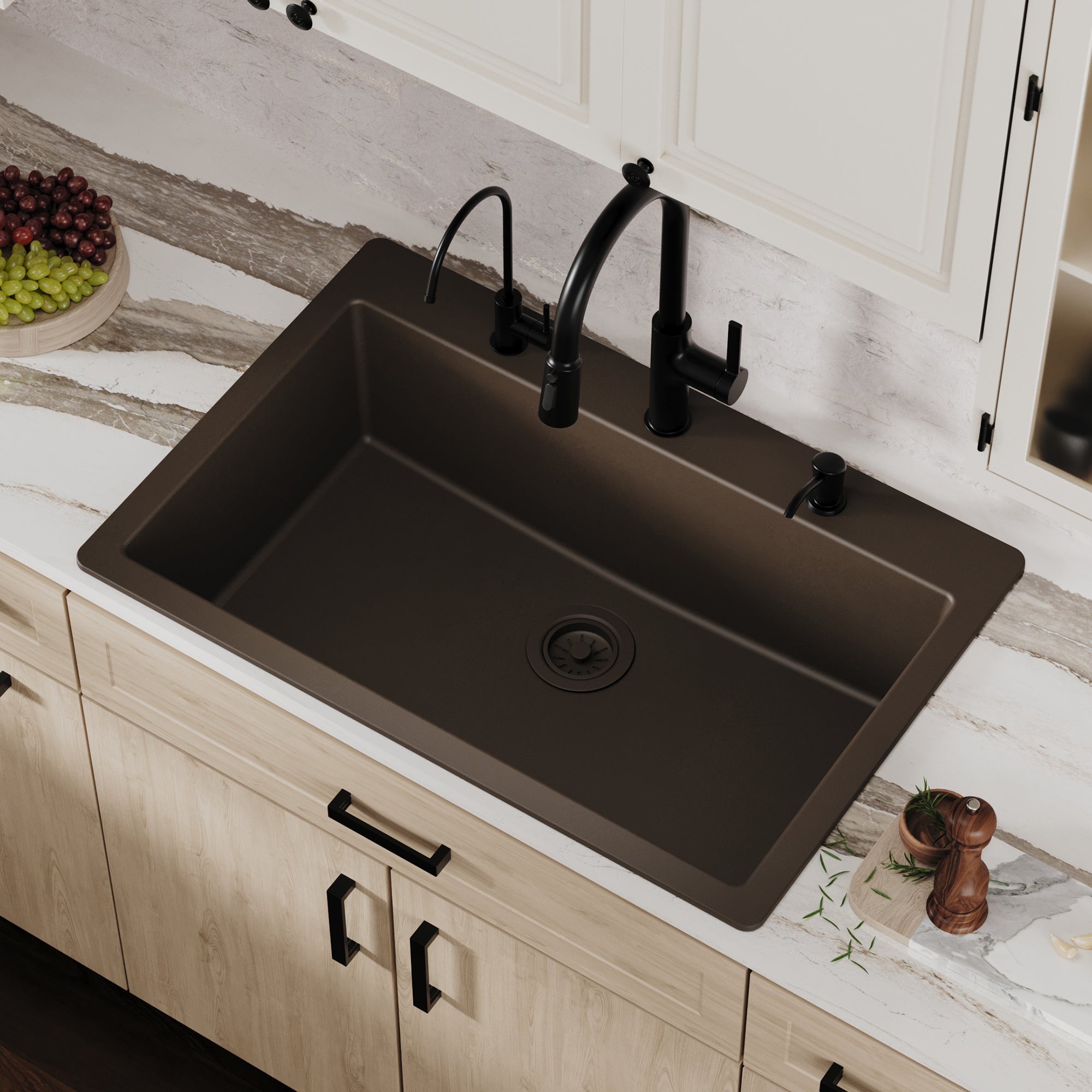 Alternative View of Karran 33" Drop In/Topmount Quartz Composite Kitchen Sink, Brown, QT-812-BR