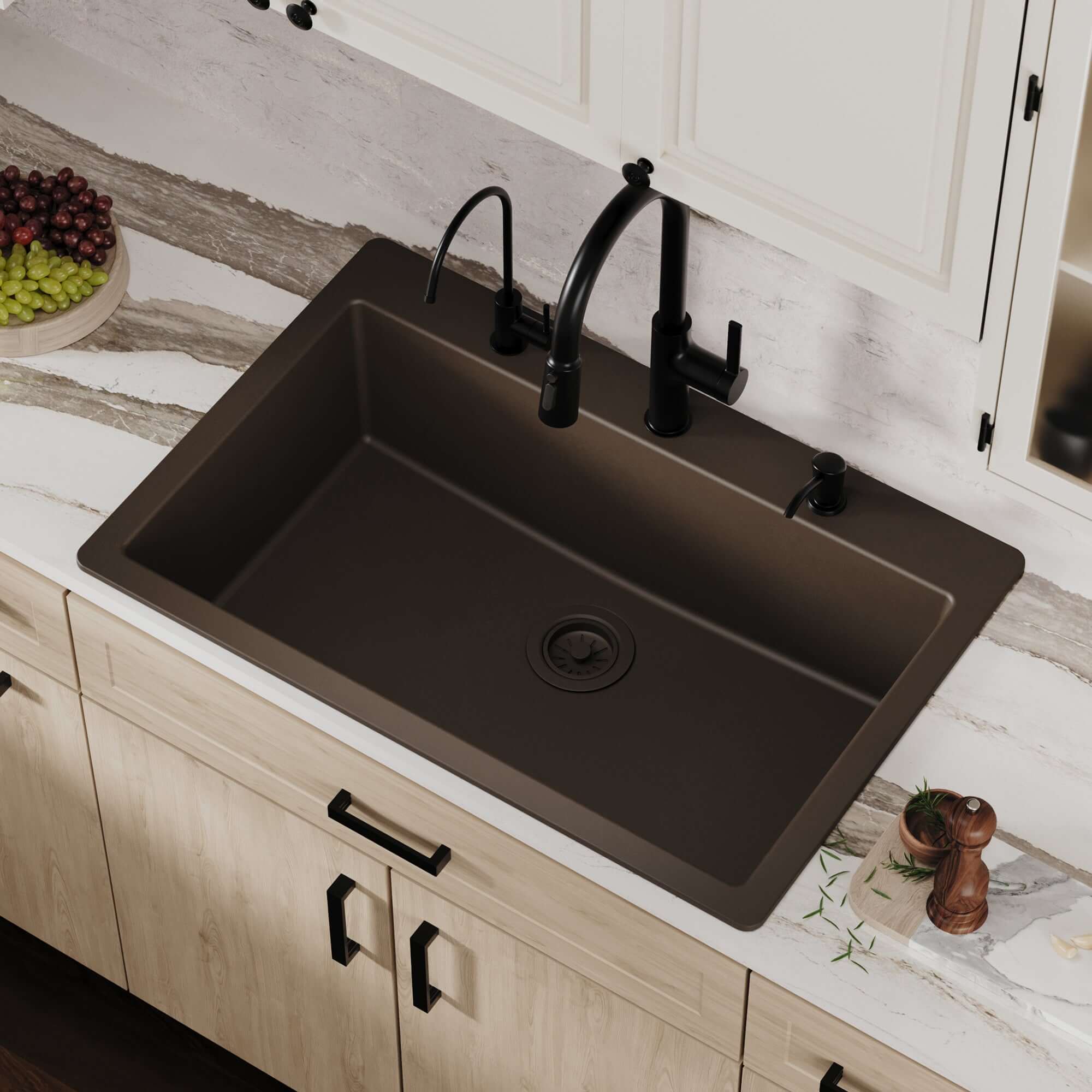 Alternative View of Karran 33" Drop In/Topmount Quartz Composite Kitchen Sink, Brown, QT-812-BR