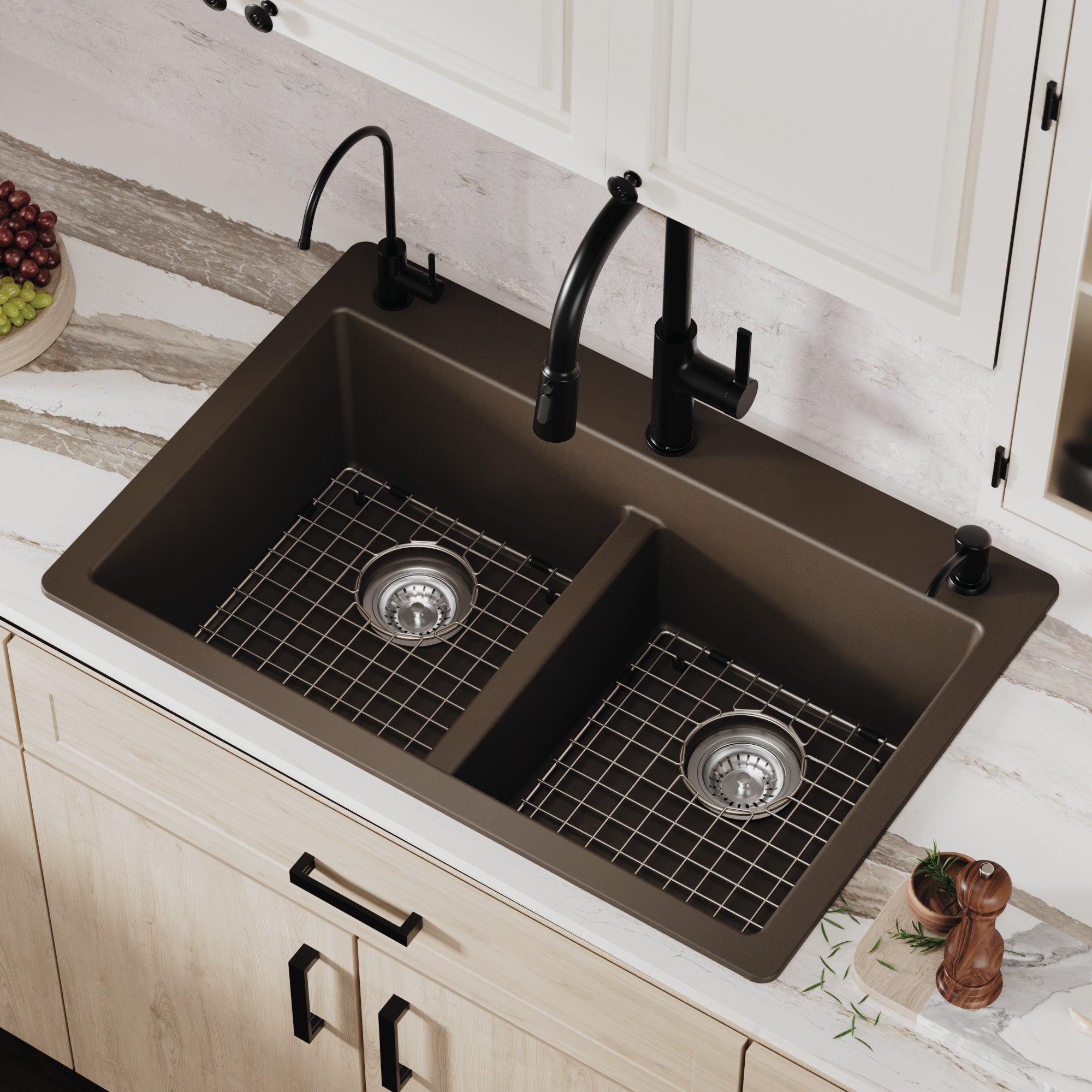 Alternative View of Karran 33" Drop In/Topmount Quartz Composite Kitchen Sink with Accessories, 50/50 Double Bowl, Brown, QT-810-BR-PK1