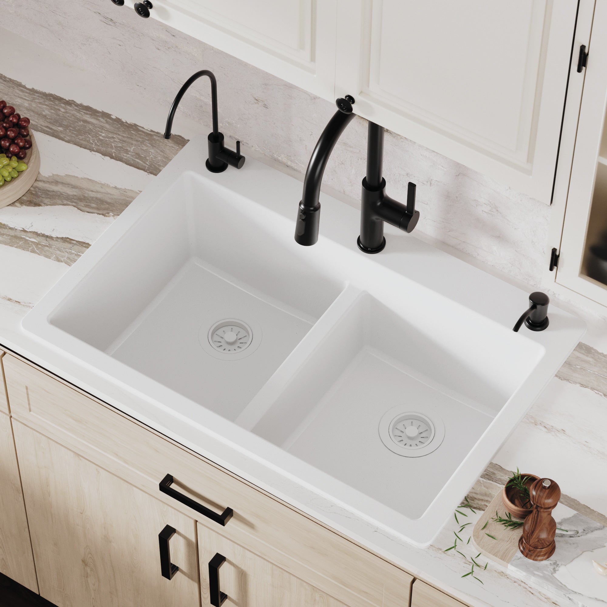 Alternative View of Karran 33" Drop In/Topmount Quartz Composite Kitchen Sink, 50/50 Double Bowl, White, QT-810-WH