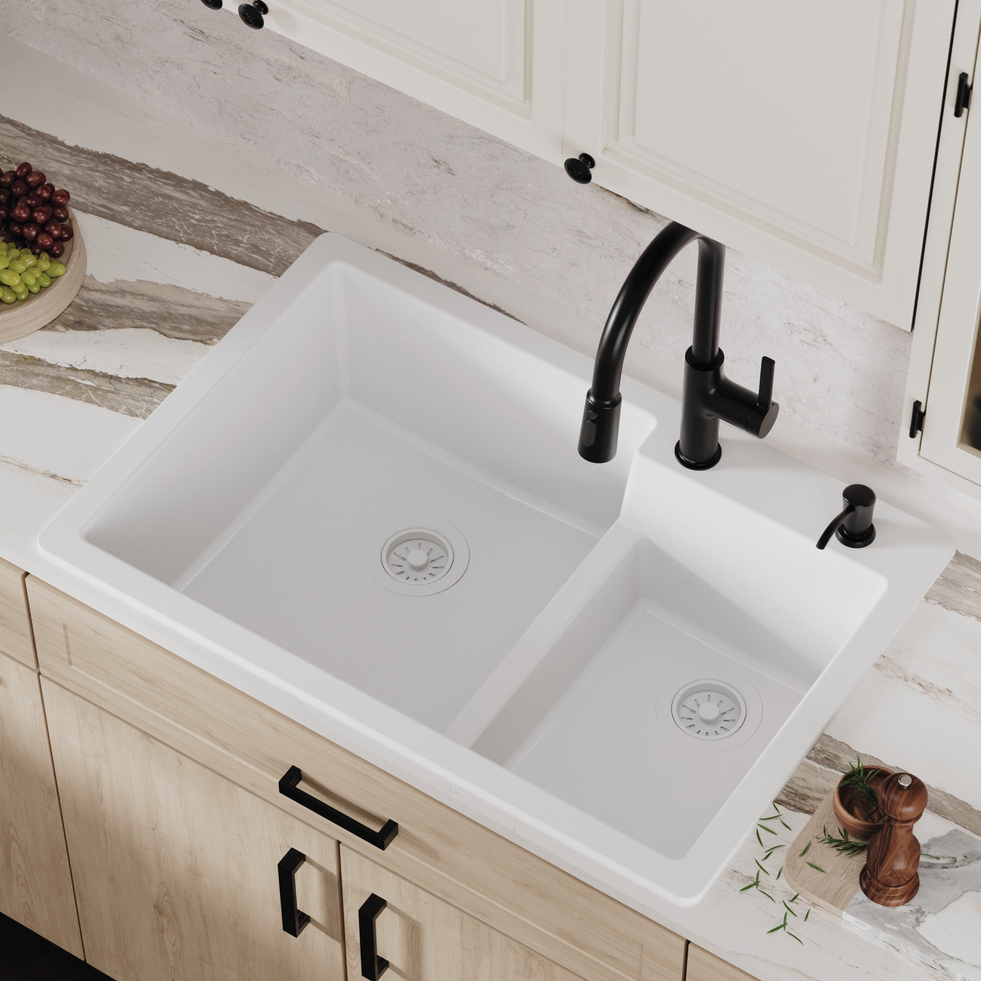 Alternative View of Karran 33" Drop In/Topmount Quartz Composite Kitchen Sink, 60/40 Double Bowl, White, QT-811-WH